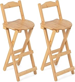 GiantexUK Folding Bar Stools Set of 2, Bamboo Kitchen Stools with Footrest, Portable Counter Breakfast Bar Chairs for Home Bistro Dining Room, Installation Free (with Backrest, 36 x 36 x 84cm)