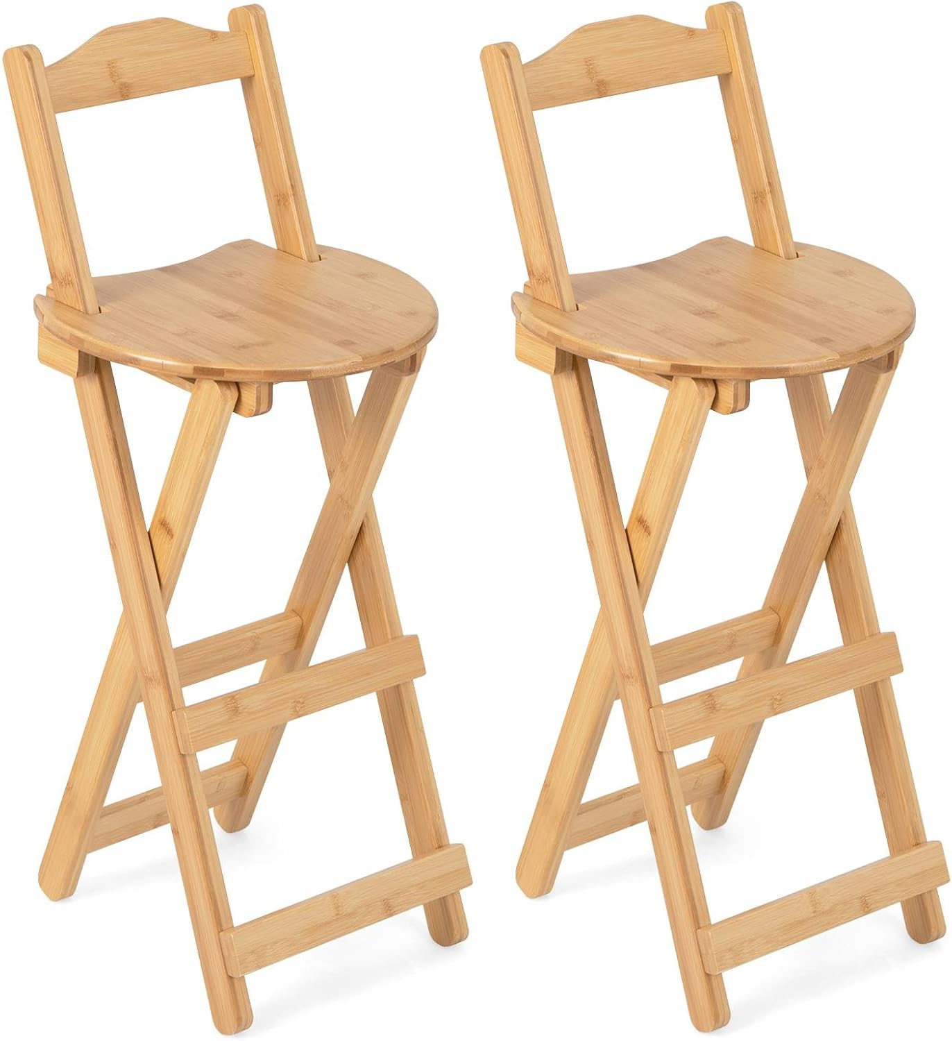 GiantexUK Folding Bar Stools Set of 2, Bamboo Kitchen Stools with Footrest, Portable Counter Breakfast Bar Chairs for Home Bistro Dining Room, Installation Free (with Backrest, 36 x 36 x 84cm)-0