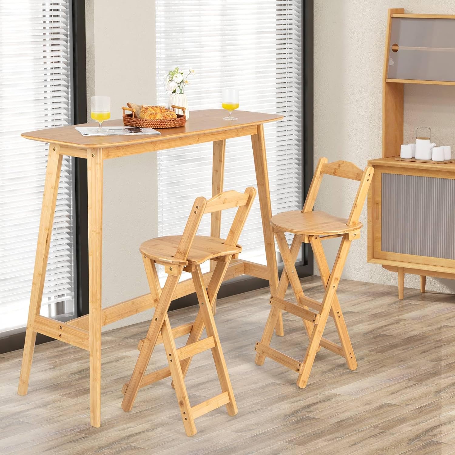 GiantexUK Folding Bar Stools Set of 2, Bamboo Kitchen Stools with Footrest, Portable Counter Breakfast Bar Chairs for Home Bistro Dining Room, Installation Free (with Backrest, 36 x 36 x 84cm)-1