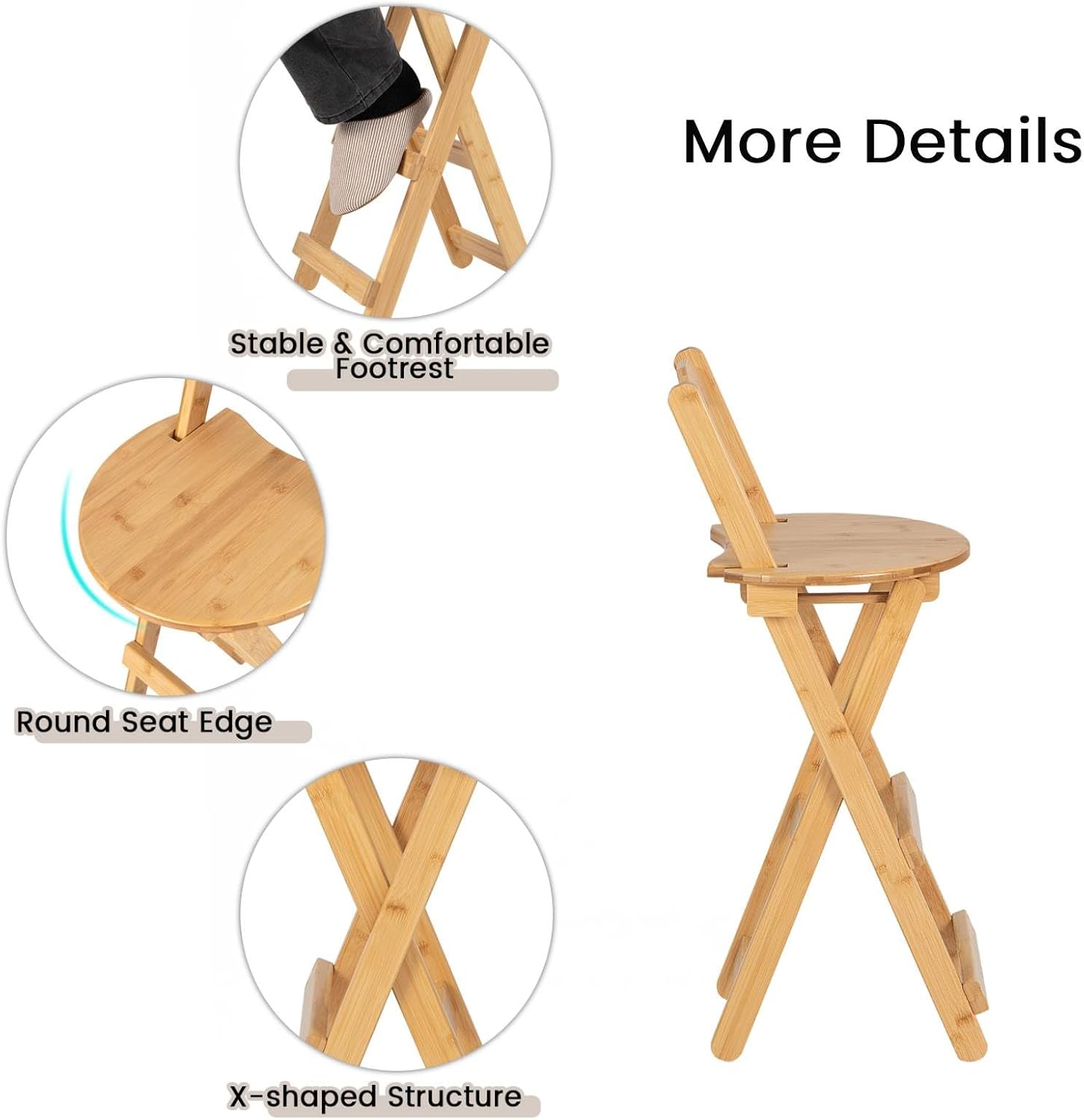 GiantexUK Folding Bar Stools Set of 2, Bamboo Kitchen Stools with Footrest, Portable Counter Breakfast Bar Chairs for Home Bistro Dining Room, Installation Free (with Backrest, 36 x 36 x 84cm)-6