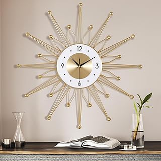 Lafocuse Silent Metal 23 Inch Large Wall Clocks for Living Room Modern, Sunburst Starburst Clock, Gold Mid Century Wall Clock Battery Operated Kitchen Office