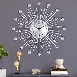 Lafocuse 23 Inch Metal Large Wall Clocks for Living Room Modern, Silent Bling Crystal Wall Clock Battery Operated, Silver Starburst Clock Art Deco Kitchen Office