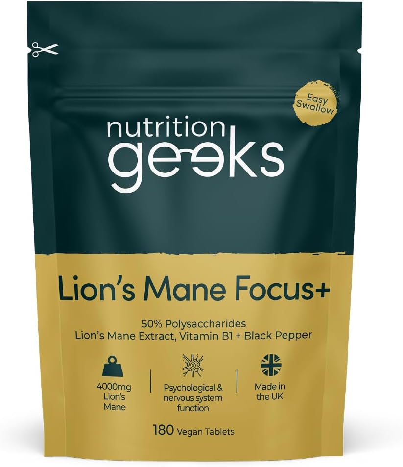 Lions Mane Supplement 4000mg with Vitamin B1 & Black Pepper, 180 Vegan Tablets - Lion's Mane Mushroom 15:1 Extract (Not Lions Mane Powder or Capsules), UK Made for Mental Performance & Nervous System-0