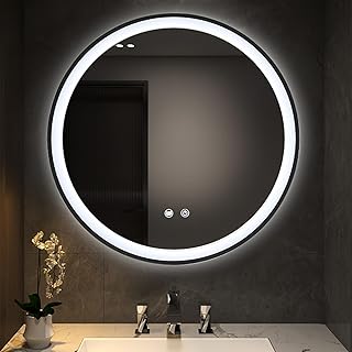 Warmiehomy Bathroom Mirror with LED Lights,Round 600x600mm LED Bathroom Mirror,Illuminated Bathroom Mirror with Touch Switch 3 Colour Dimmable Lights Demister Pad Wall Mount