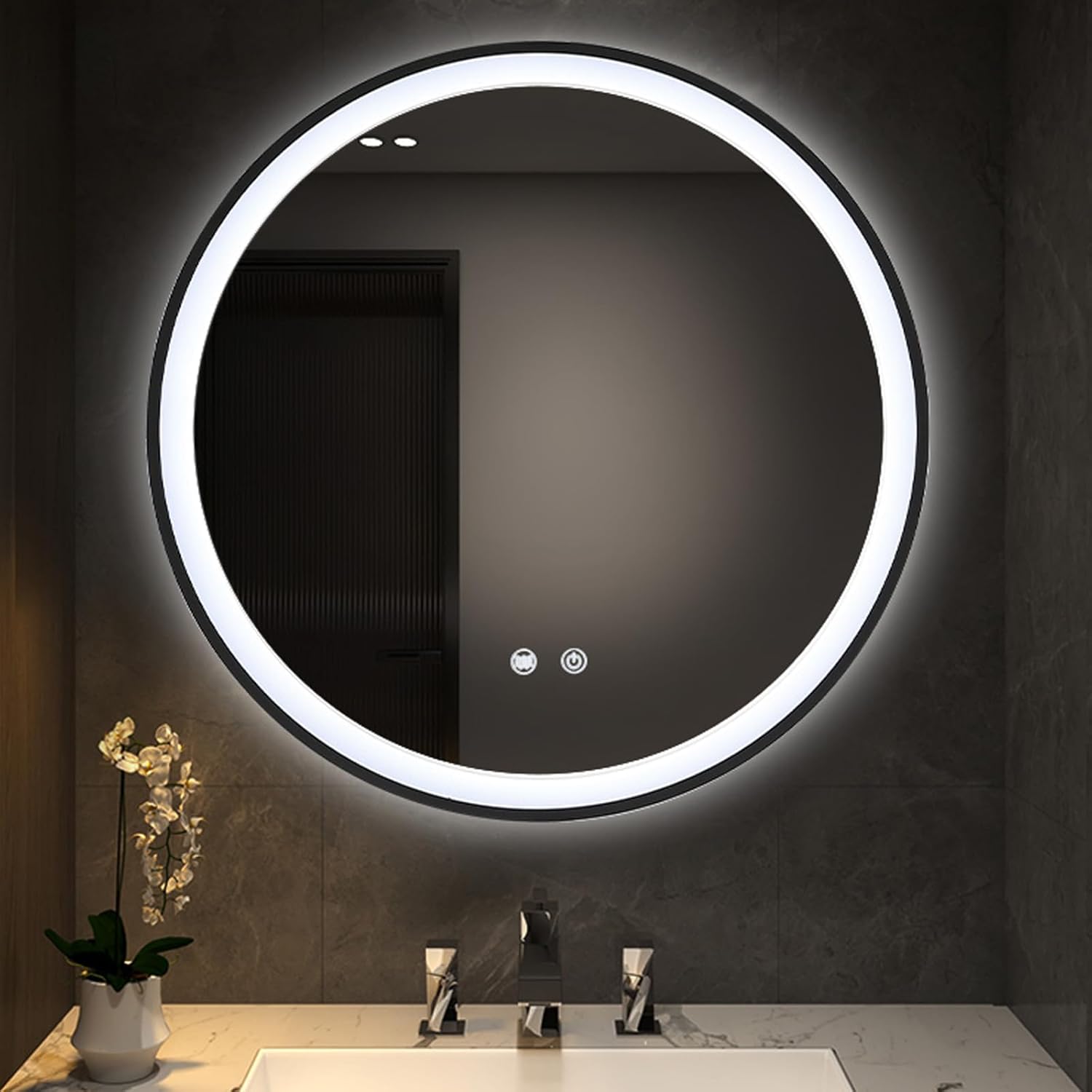 Warmiehomy Bathroom Mirror with LED Lights,Round 600x600mm LED Bathroom Mirror,Illuminated Bathroom Mirror with Touch Switch 3 Colour Dimmable Lights Demister Pad Wall Mount-0