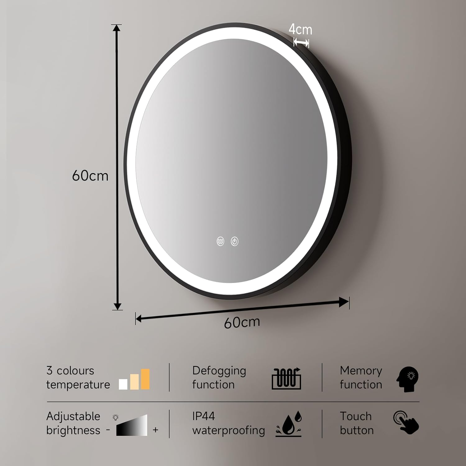 Warmiehomy Bathroom Mirror with LED Lights,Round 600x600mm LED Bathroom Mirror,Illuminated Bathroom Mirror with Touch Switch 3 Colour Dimmable Lights Demister Pad Wall Mount-2