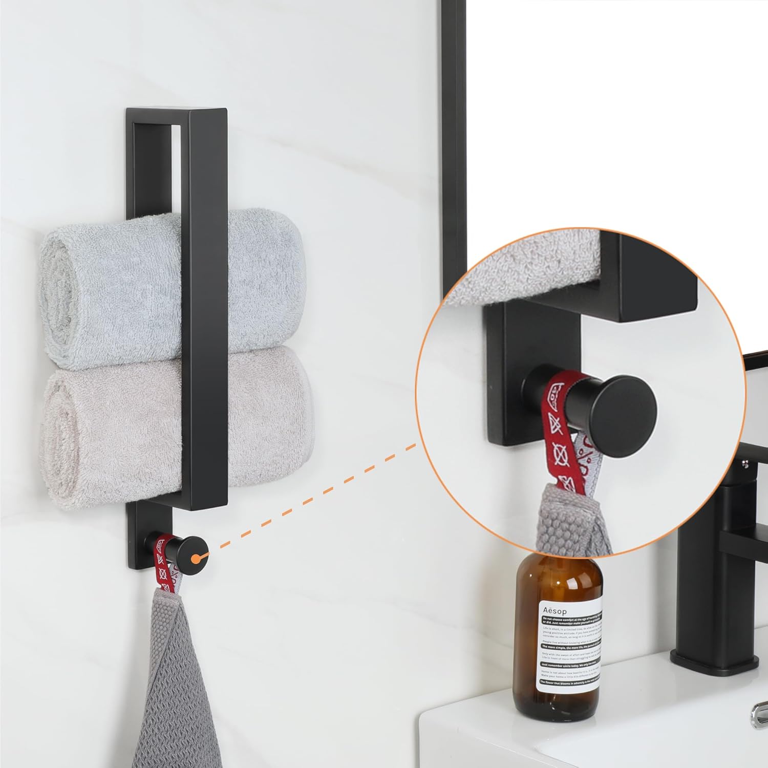 SAYAYO Towel Rail Wall Mounted 12-Inch/30CM Bathroom Hand Towel Holder Black Towel Rack with Hook SUS304 Stainless Steel, EGKN2210-300-B-4