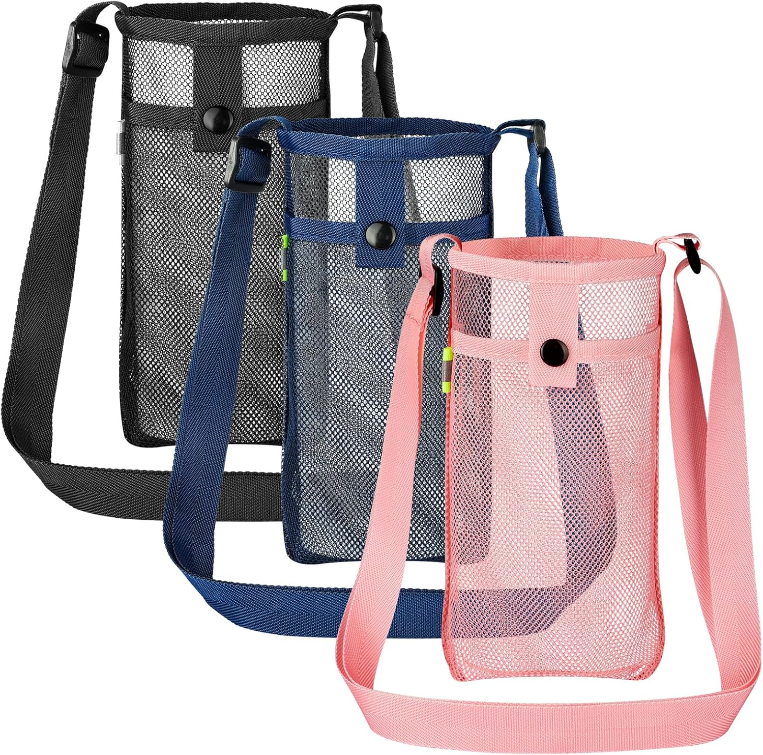 Peaken Water Bottle Holder,Water Bottle Carrier Bag Mesh, Water Bottle Sling with Adjustable Strap for for Hiking Camping Walking Sports Gym (Pink+Black+Navy)-0