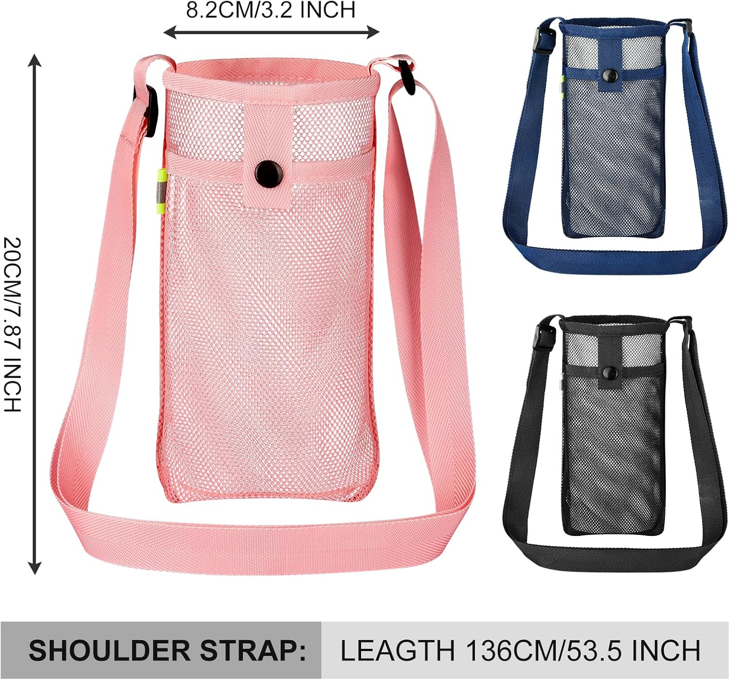 Peaken Water Bottle Holder,Water Bottle Carrier Bag Mesh, Water Bottle Sling with Adjustable Strap for for Hiking Camping Walking Sports Gym (Pink+Black+Navy)-1