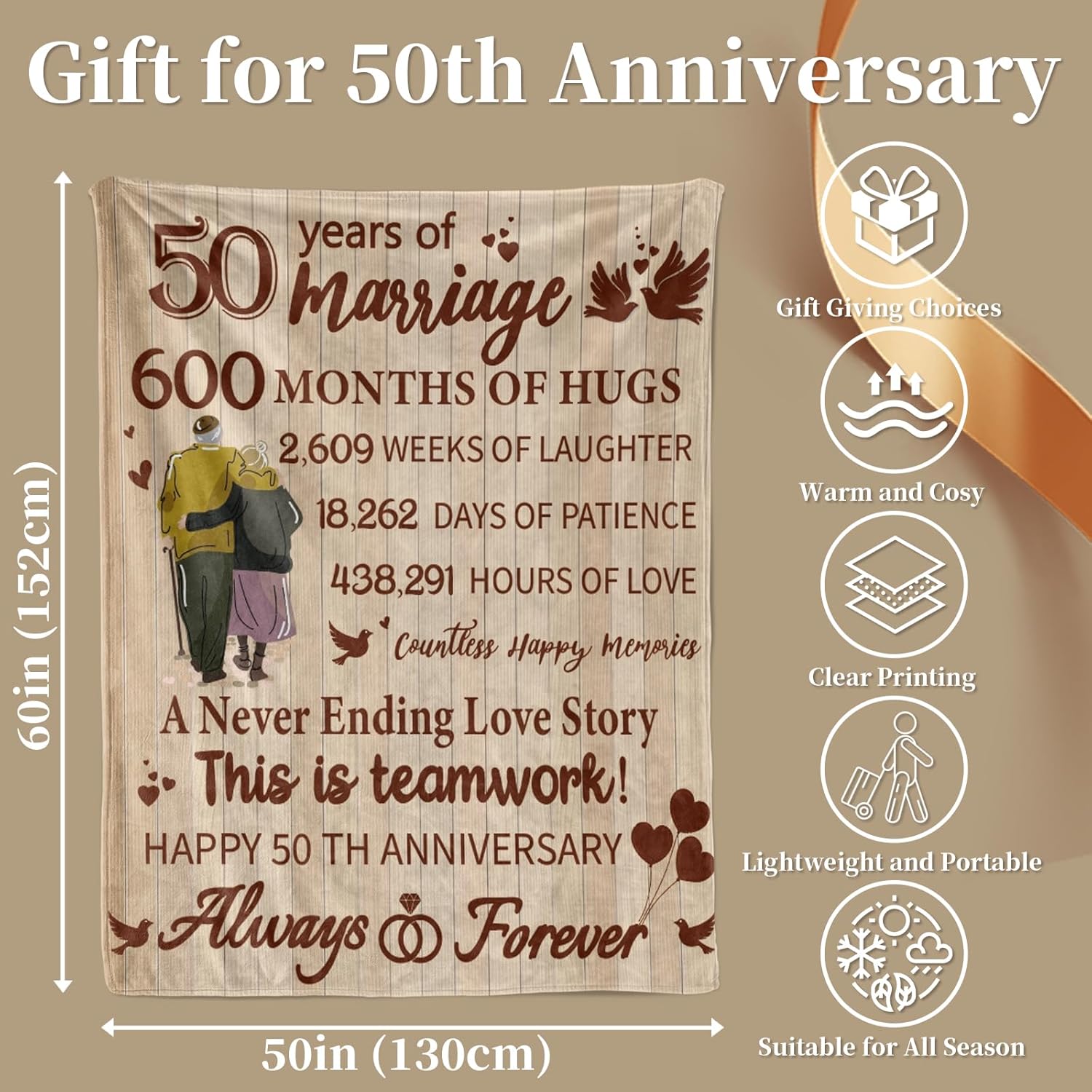 GRESATEK Gift for 50th Wedding Anniversary,50th Golden Wedding Happy Anniversary Couple Gifts for Husband Wife Dad Mom Grandparents Anniversary Decorations Blanket 50"x60"-1