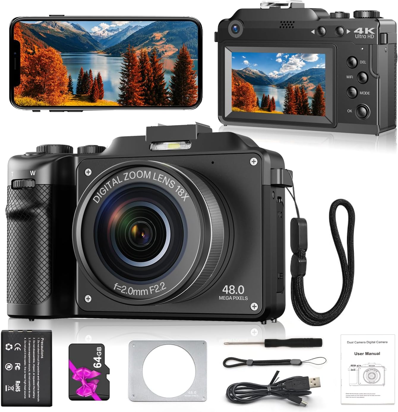 Digitai 4K Compact Camera for Photography, 48MP Vlogging Camera with Wi-Fi and Free 64GB SD Card, 18x Digital Zoom, Dual Lens Selfie Function-0