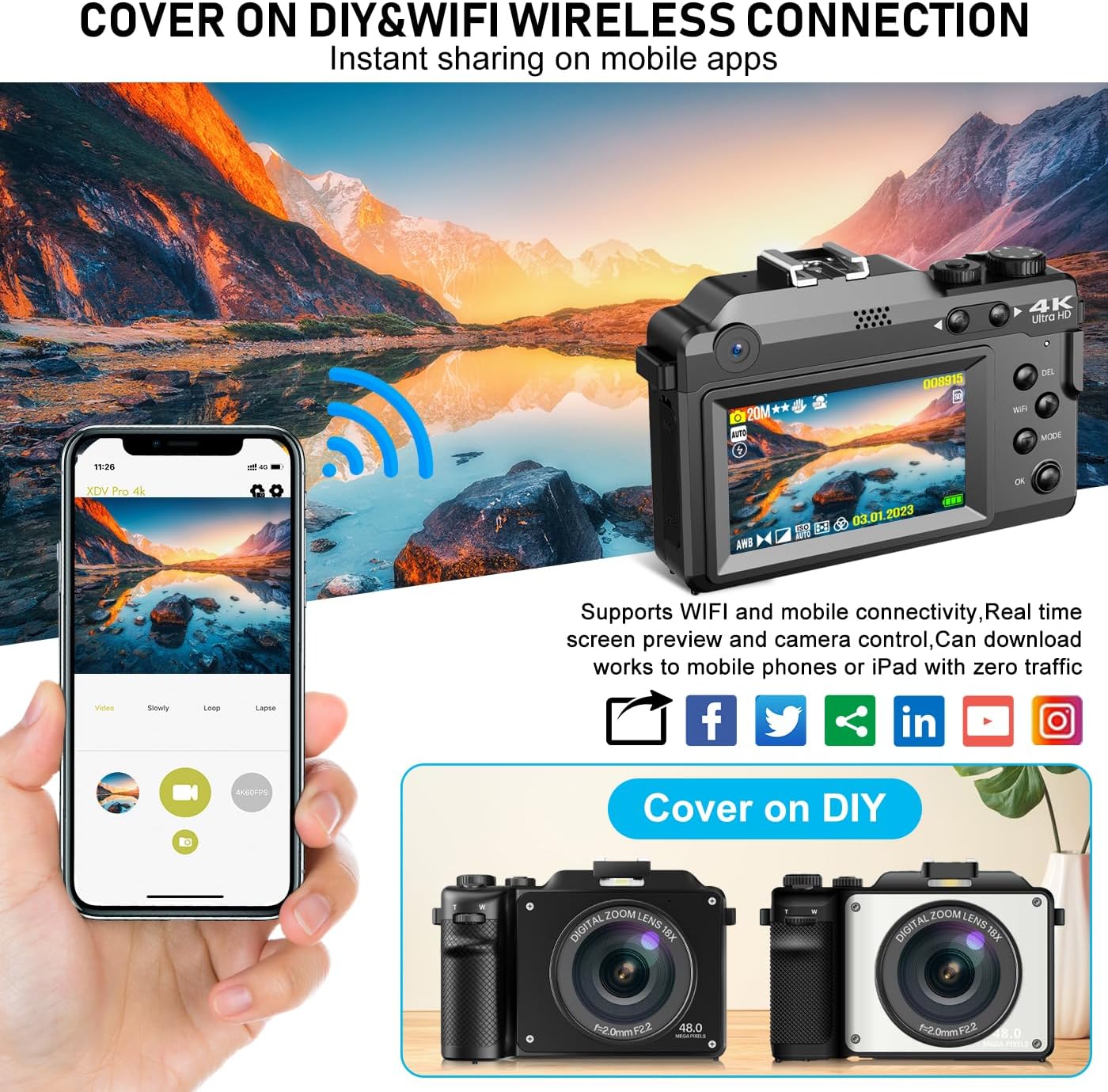 Digitai 4K Compact Camera for Photography, 48MP Vlogging Camera with Wi-Fi and Free 64GB SD Card, 18x Digital Zoom, Dual Lens Selfie Function-1