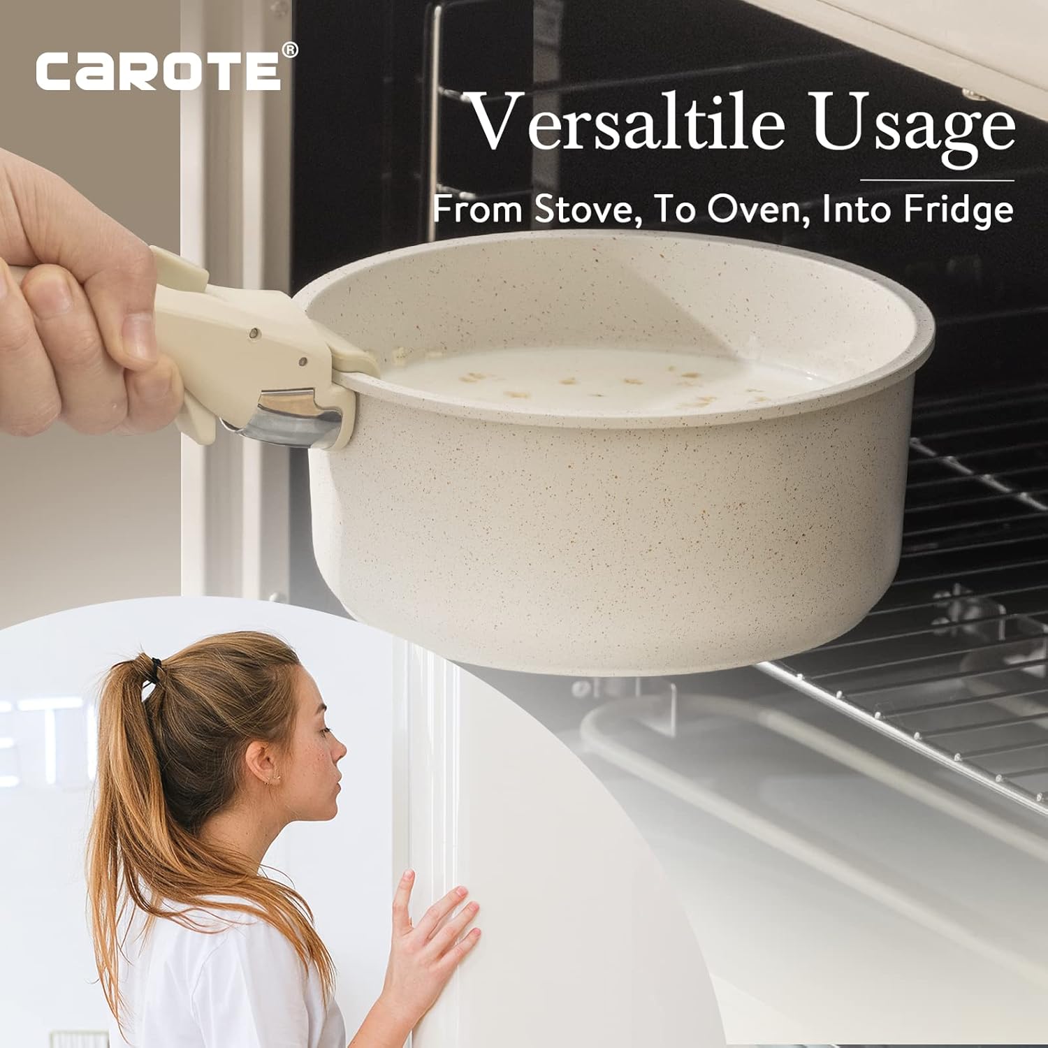 CAROTE Nonstick Saucepan with Lid, Non Stick Sauce Pot with Detachable Handle, Milk Pan for Induction, Gas and Electric Hobs, Small Cooking Pot with Pour Spout Oven Safe (White Granite,18&20&22cm)-2