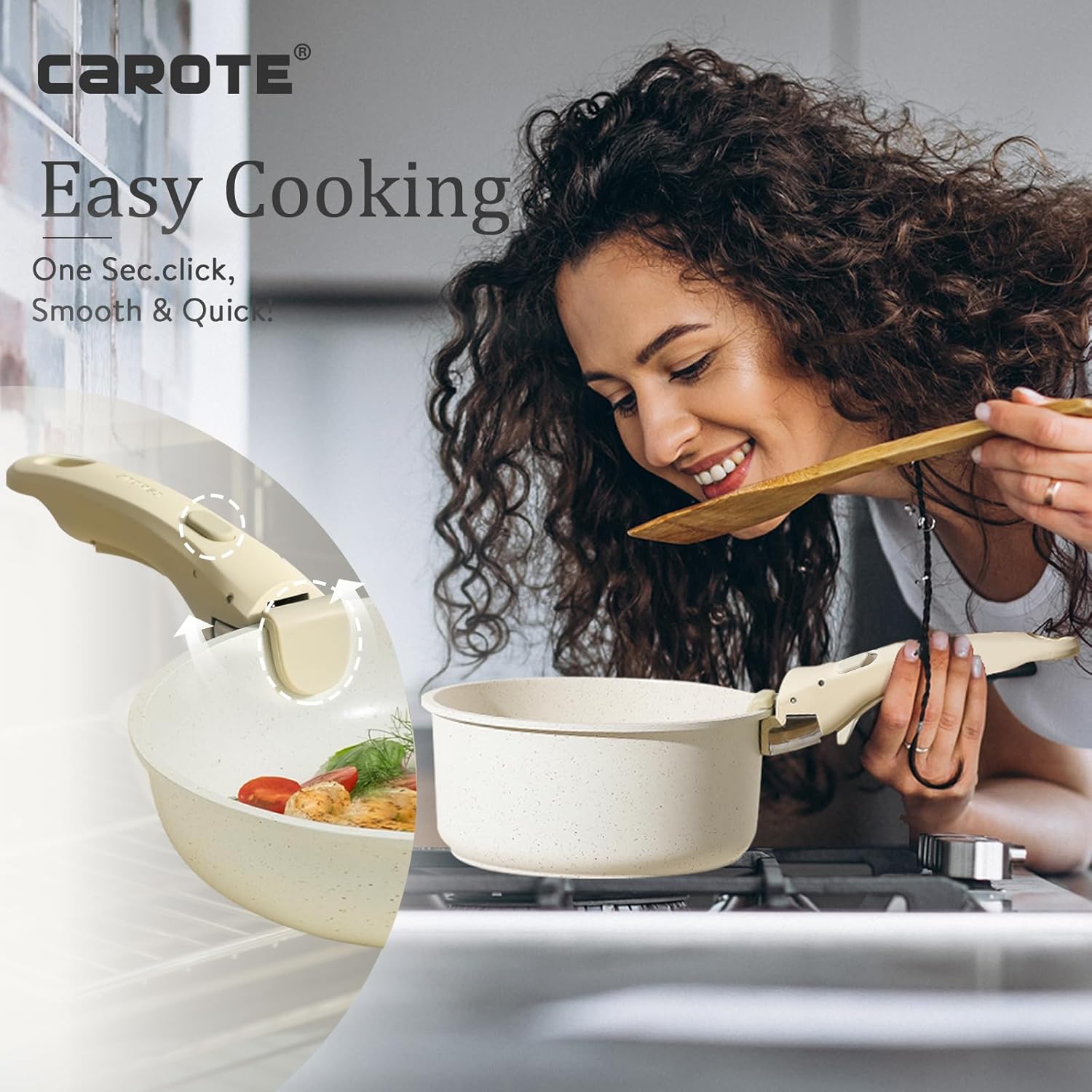 CAROTE Nonstick Saucepan with Lid, Non Stick Sauce Pot with Detachable Handle, Milk Pan for Induction, Gas and Electric Hobs, Small Cooking Pot with Pour Spout Oven Safe (White Granite,18&20&22cm)-4