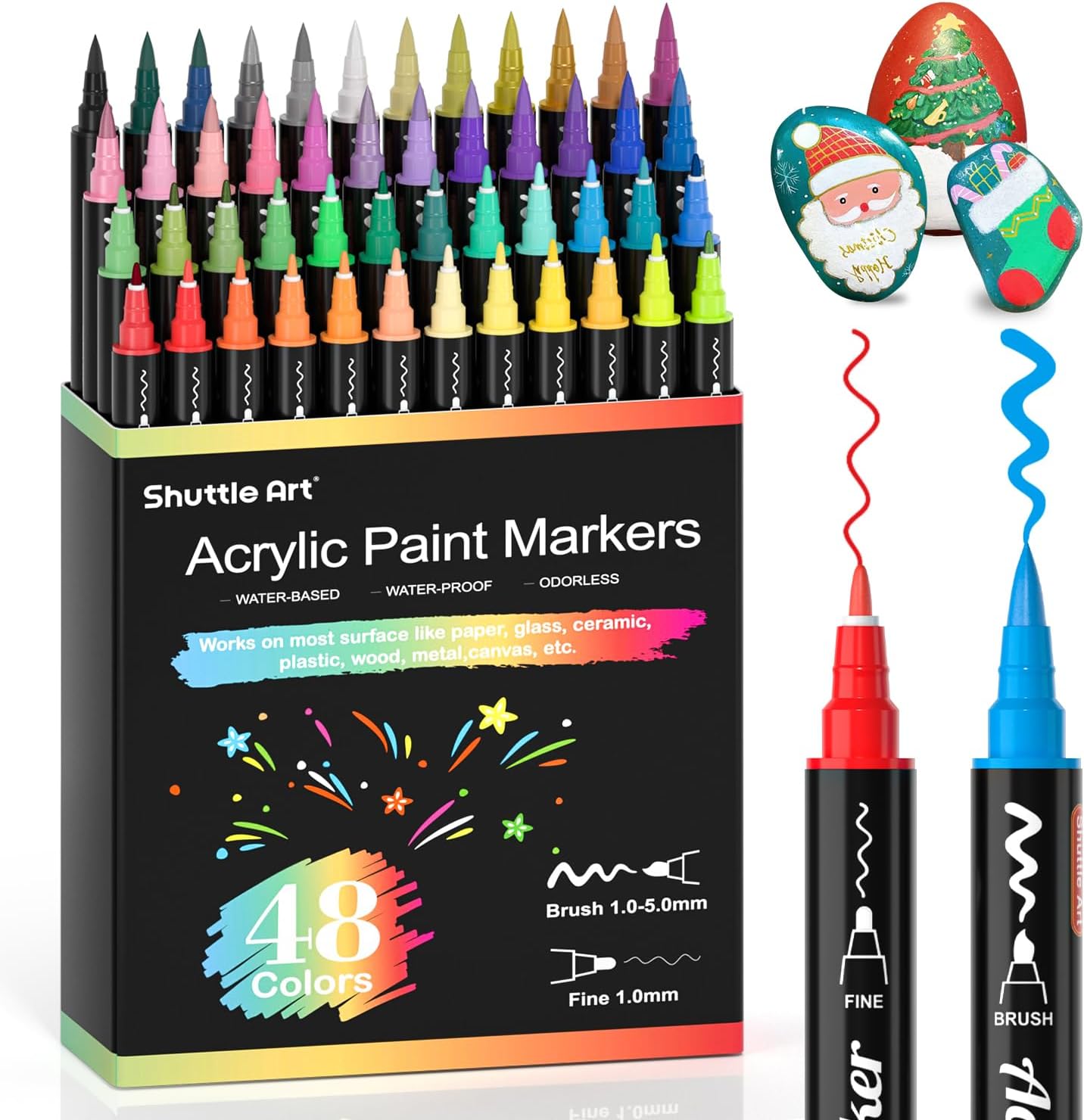 Shuttle Art Dual Tip Acrylic Paint Pens, 48 Colours Fine & Brush Paint Marker Pens, Paint Pens for Rock Painting, Ceramic, Wood, Fabric, Glass, Art Marker Pen Set for Kids Adults on Christmas Easter-0