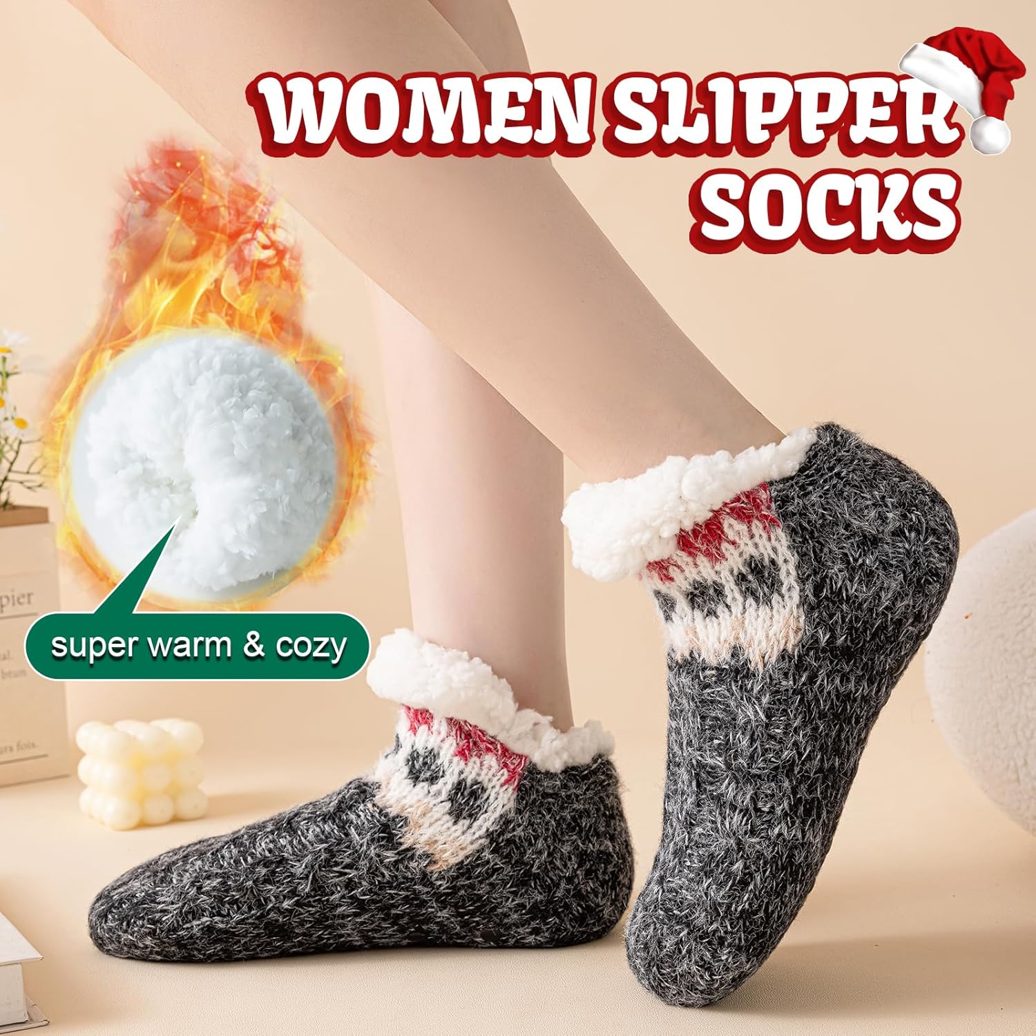 Cirorld Slipper Socks Women Fluffy Socks Winter Thick Fleece Lined Warm Cosy Sherpa Thermal Socks Fuzzy Bed Socks with Grippers for Ladies Non Slip One Size 4-9-1