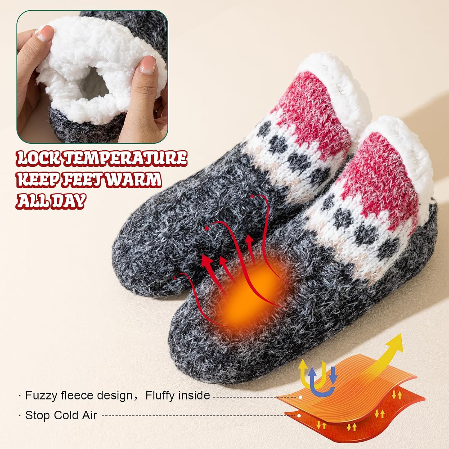 Cirorld Slipper Socks Women Fluffy Socks Winter Thick Fleece Lined Warm Cosy Sherpa Thermal Socks Fuzzy Bed Socks with Grippers for Ladies Non Slip One Size 4-9-2