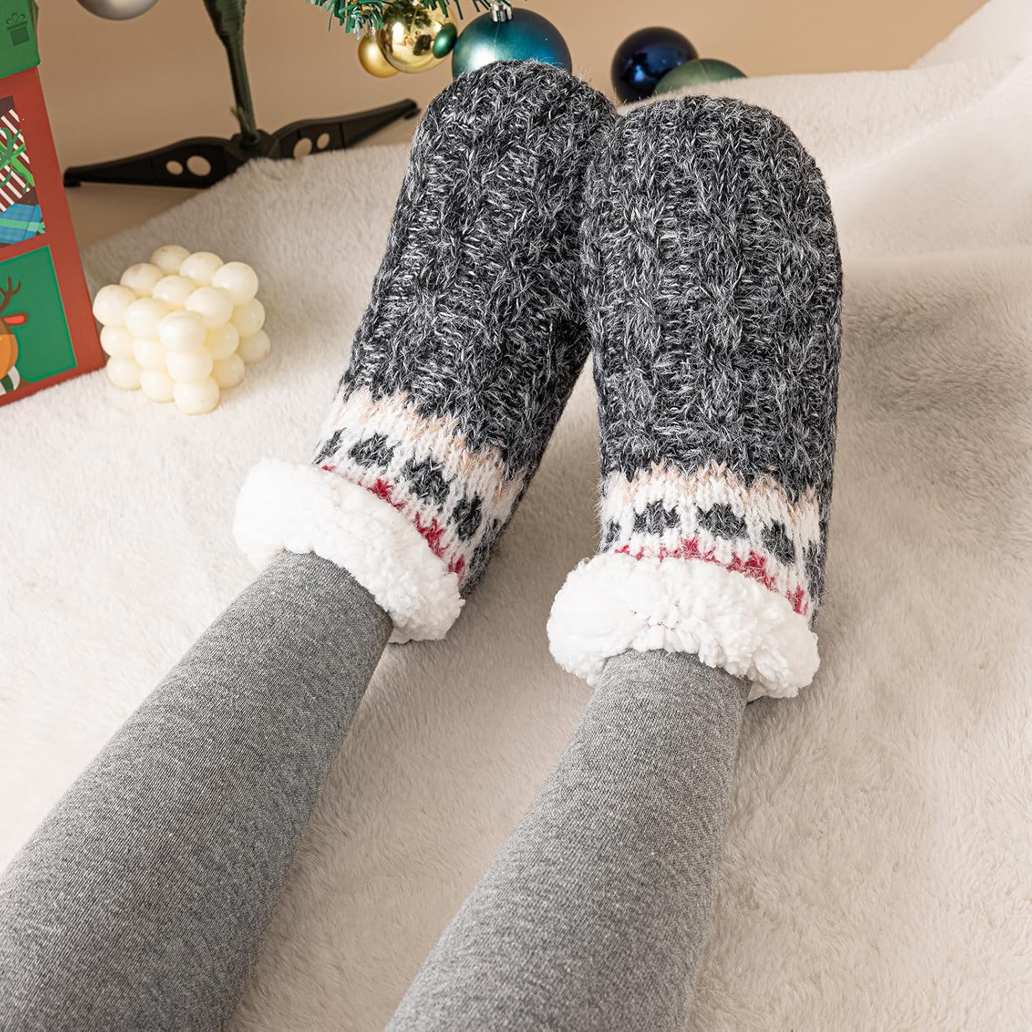 Cirorld Slipper Socks Women Fluffy Socks Winter Thick Fleece Lined Warm Cosy Sherpa Thermal Socks Fuzzy Bed Socks with Grippers for Ladies Non Slip One Size 4-9-6