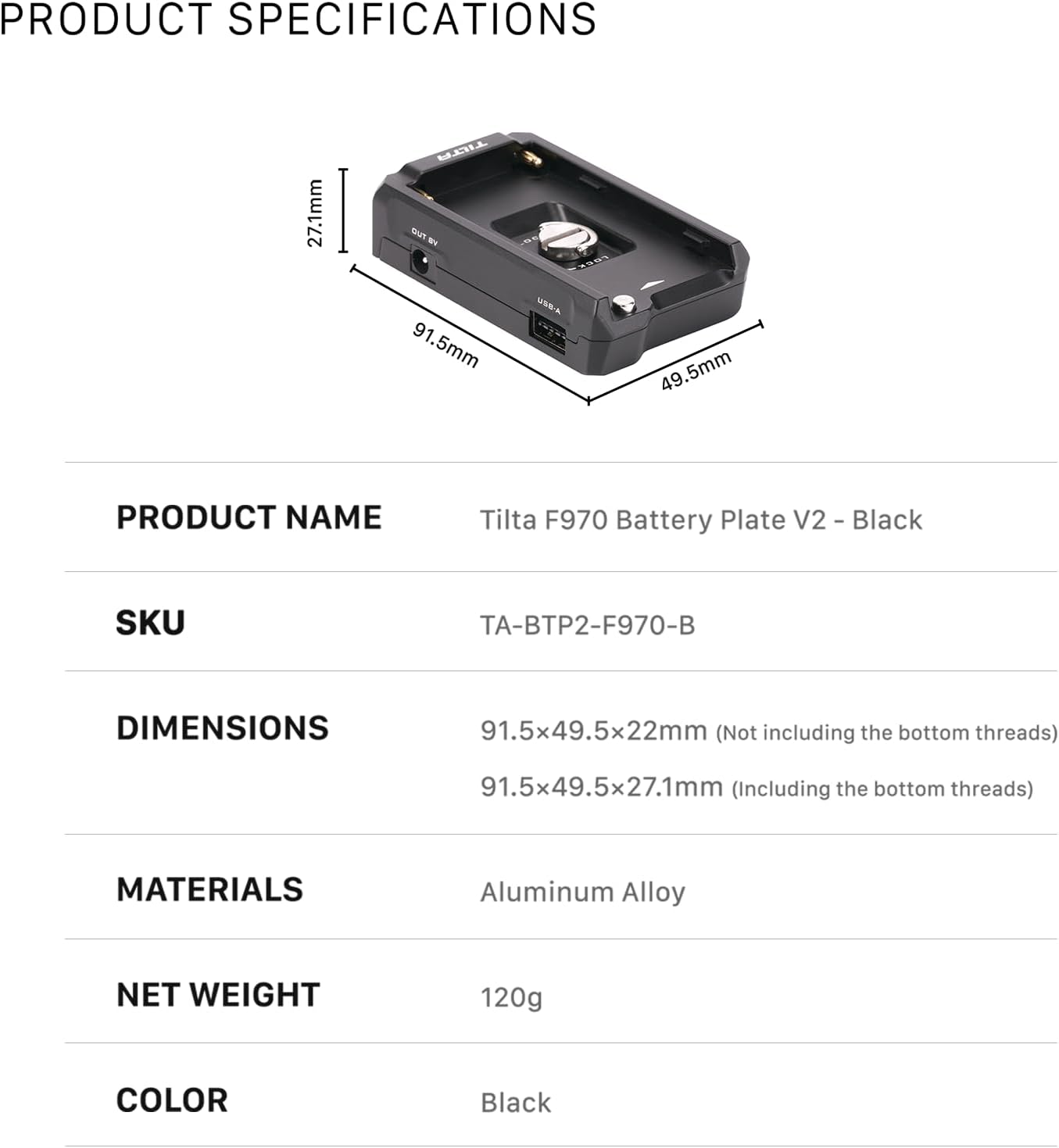 Tilta F970 Battery Plate V2 Compatible with NP-F batteries Anti-slip Design - Black TA-BTP2-F970-B-7