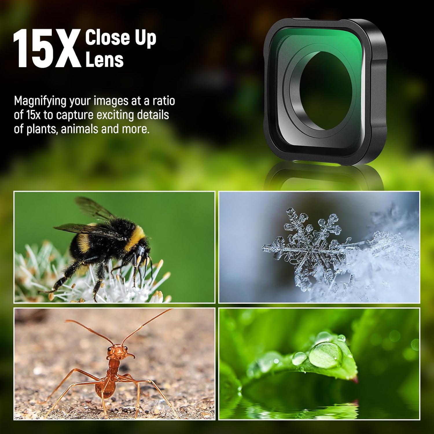 NEEWER 15x Macro Lens Compatible with GoPro Hero 12 Hero 11 Hero 10 Hero 9 Black Action Camera Close-up Filter Anti Reflective Multicoated HD Optical Glass/Aluminium Frame LS-31-2