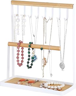 BTGGG Jewellery Stand Holder Wooden Jewellery Organiser Necklace Hanging Ring Organizer 8 Hooks Jewelry Storage Earring Holder Tray Holds for Rings Necklaces Bracelets Watches