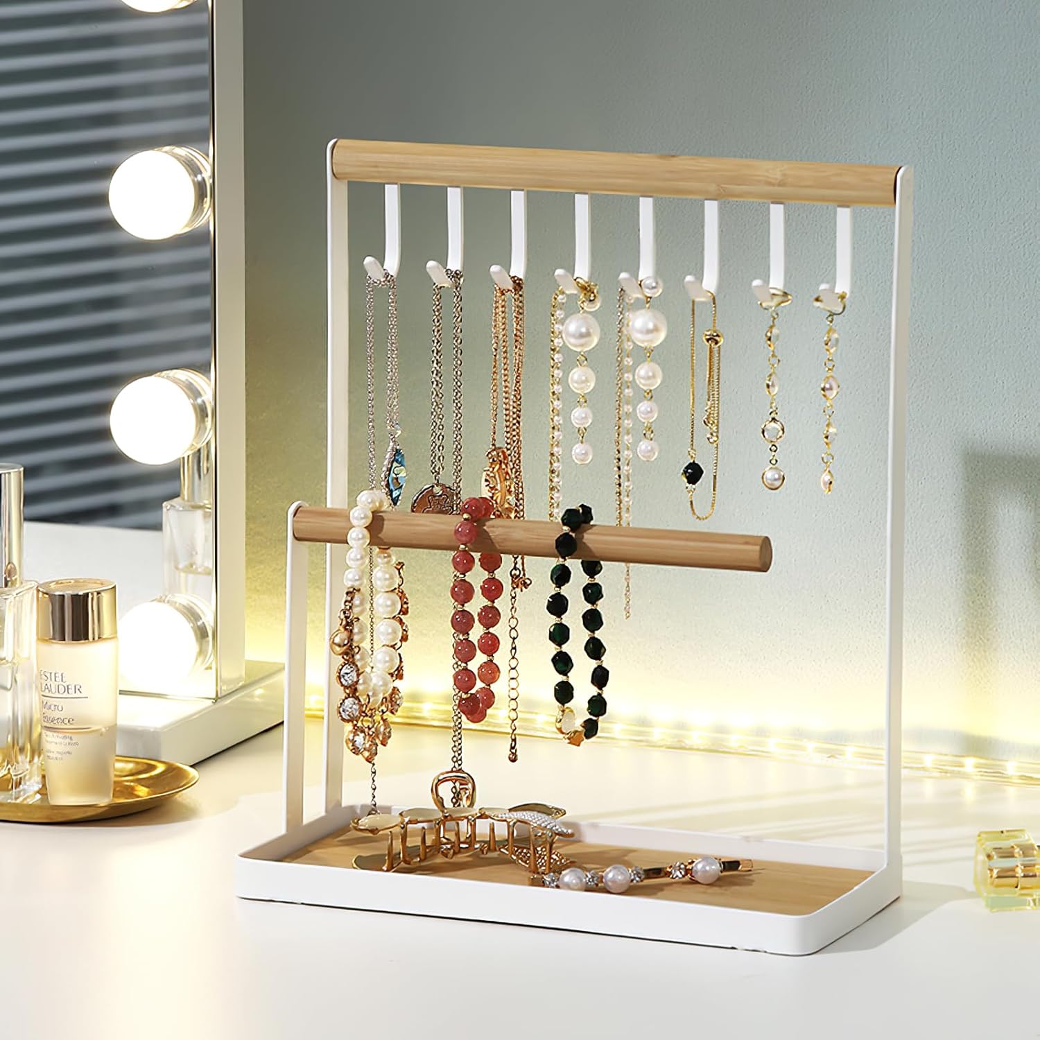 BTGGG Jewellery Stand Holder Wooden Jewellery Organiser Necklace Hanging Ring Organizer 8 Hooks Jewelry Storage Earring Holder Tray Holds for Rings Necklaces Bracelets Watches-7