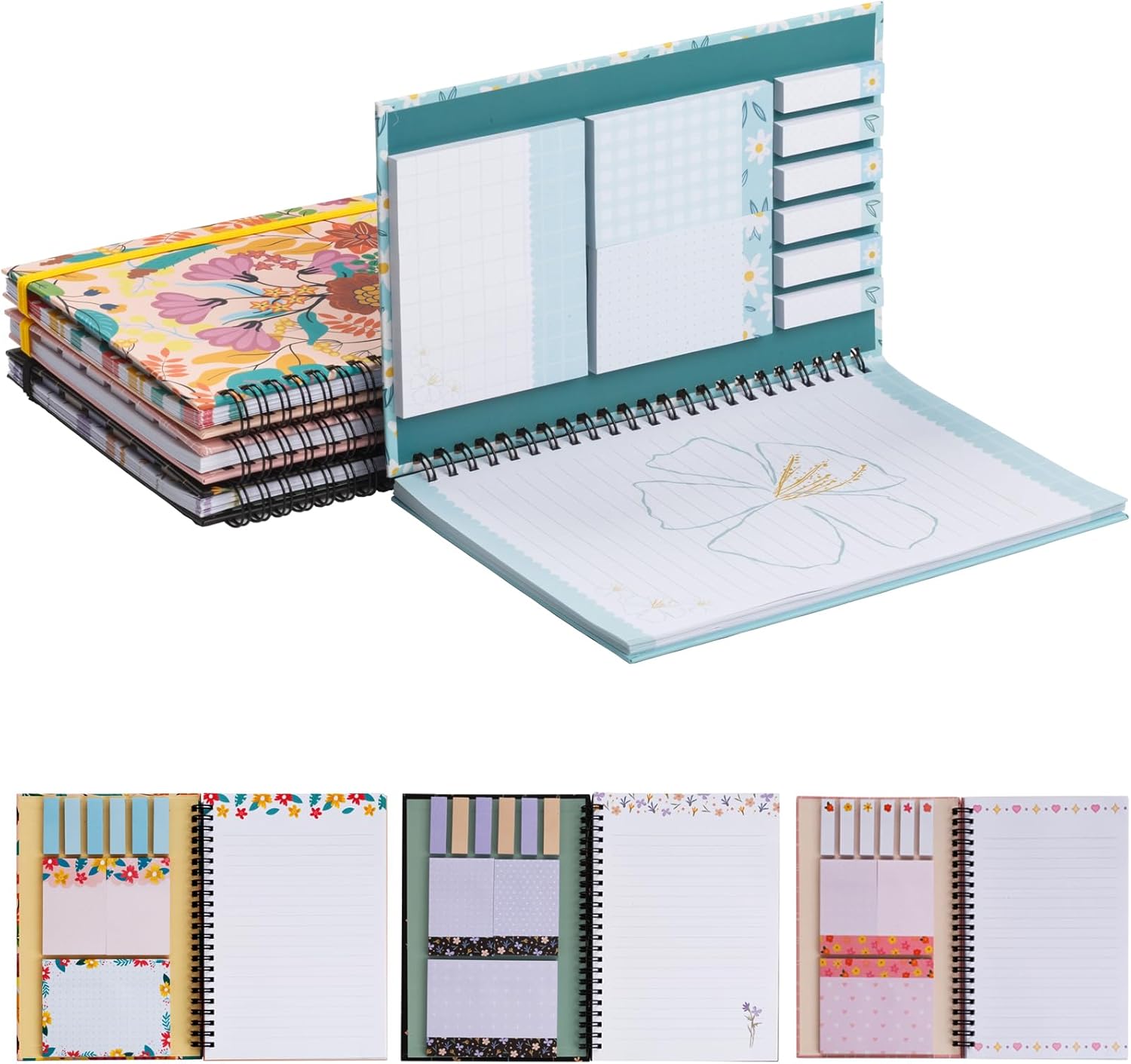 4 Pads of A5 Spiral Sticky Notebook, 21 x 14.5 cm, Each with 9 Pads of Decorated Sticky Notes and a Handy Notebook in one,Mixed Designs 4 Packs-1