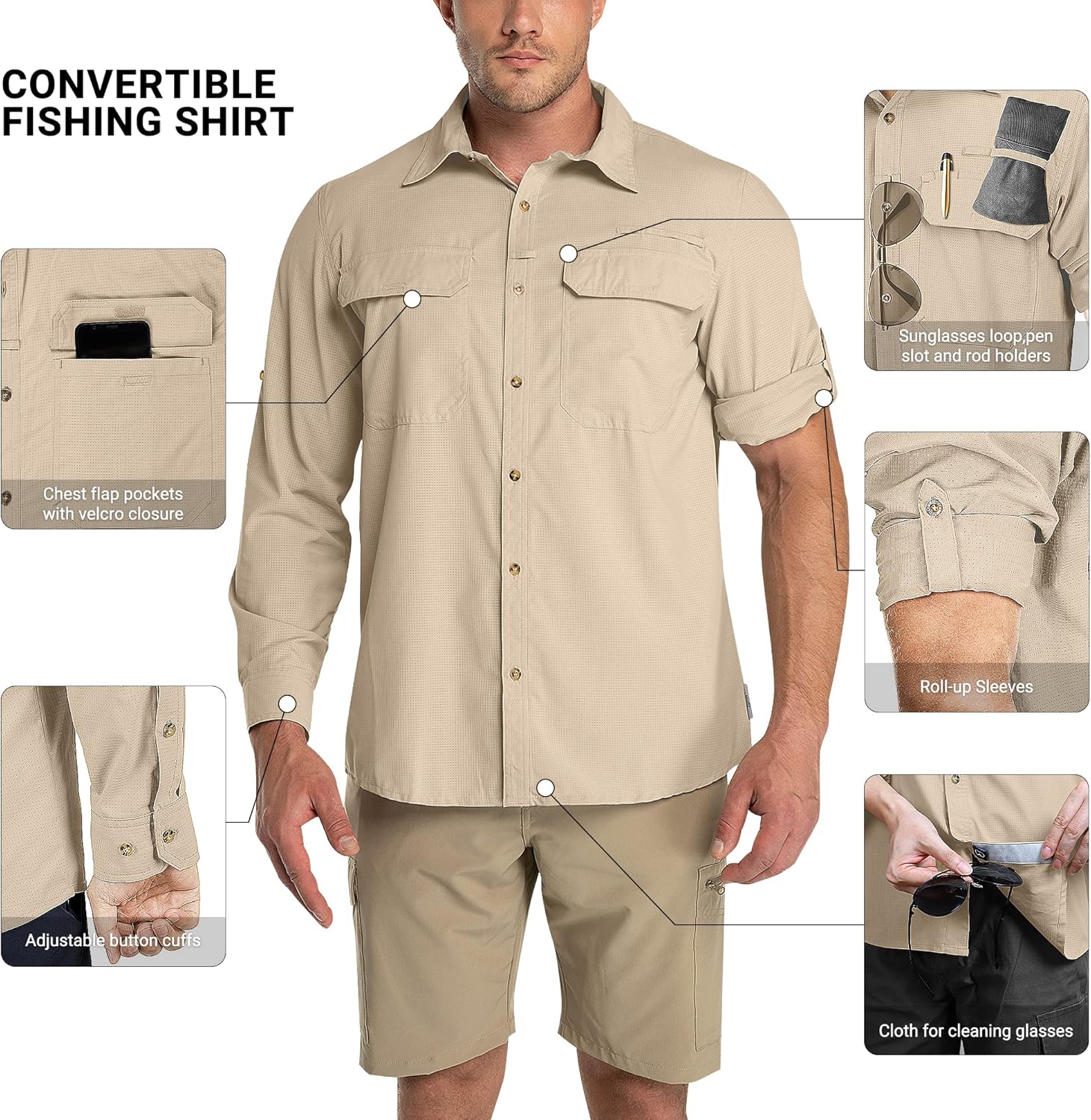 Outdoor Ventures Men's Long Sleeve Shirts UV Protection Outdoor Shirts Breathable Button-Down Shirt Wicking Quick Drying Safari Shirt with Pockets for Hiking Fishing Golfing-2