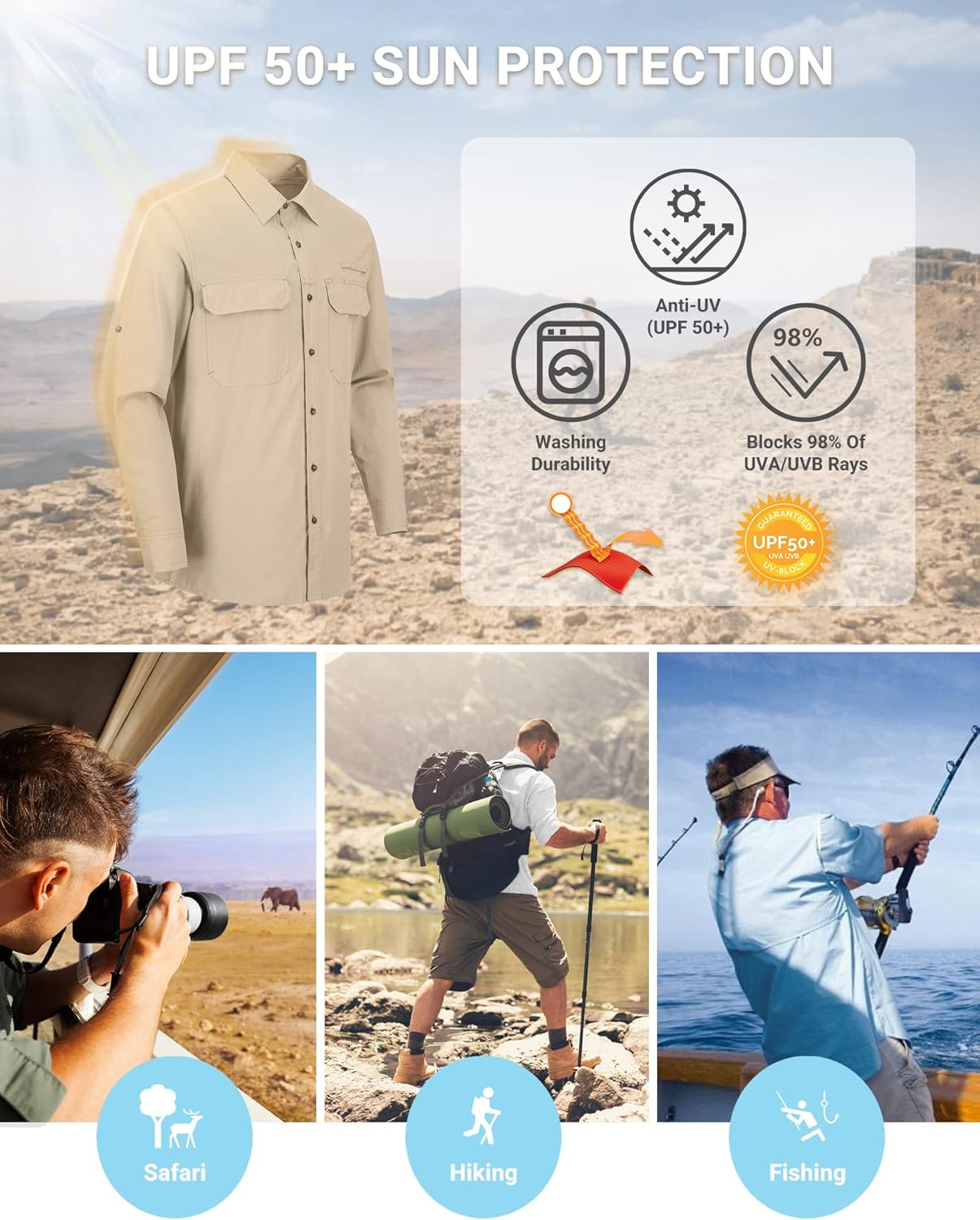 Outdoor Ventures Men's Long Sleeve Shirts UV Protection Outdoor Shirts Breathable Button-Down Shirt Wicking Quick Drying Safari Shirt with Pockets for Hiking Fishing Golfing-4