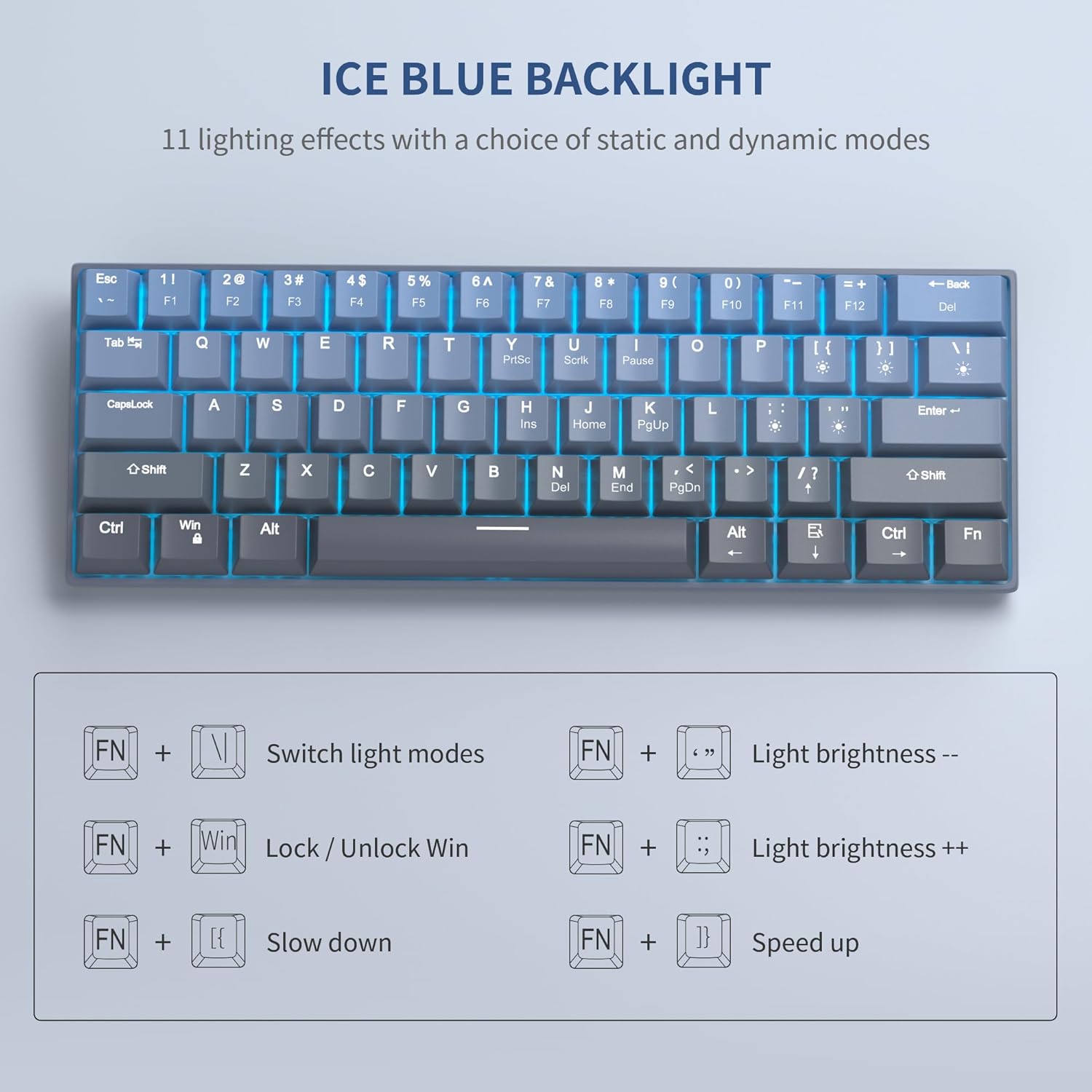 MageGee 60% Mechanical Gaming Keyboard, STAR 61 Compact Blue LED Backlit Wired Keyboard with Hot-Swappable Yellow Switch, Portable Full Keys Anti-ghosting Gaming Keyboard - Gradient Blue-2