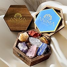 Anima Premium Healing Crystals Gift – Large Raw 7 Chakra Set with Rose Quartz and Amethyst Crystal and Gemstones in Wooden Box – Spiritual Gifts for Women for Meditation, Protection with Guide Booklet