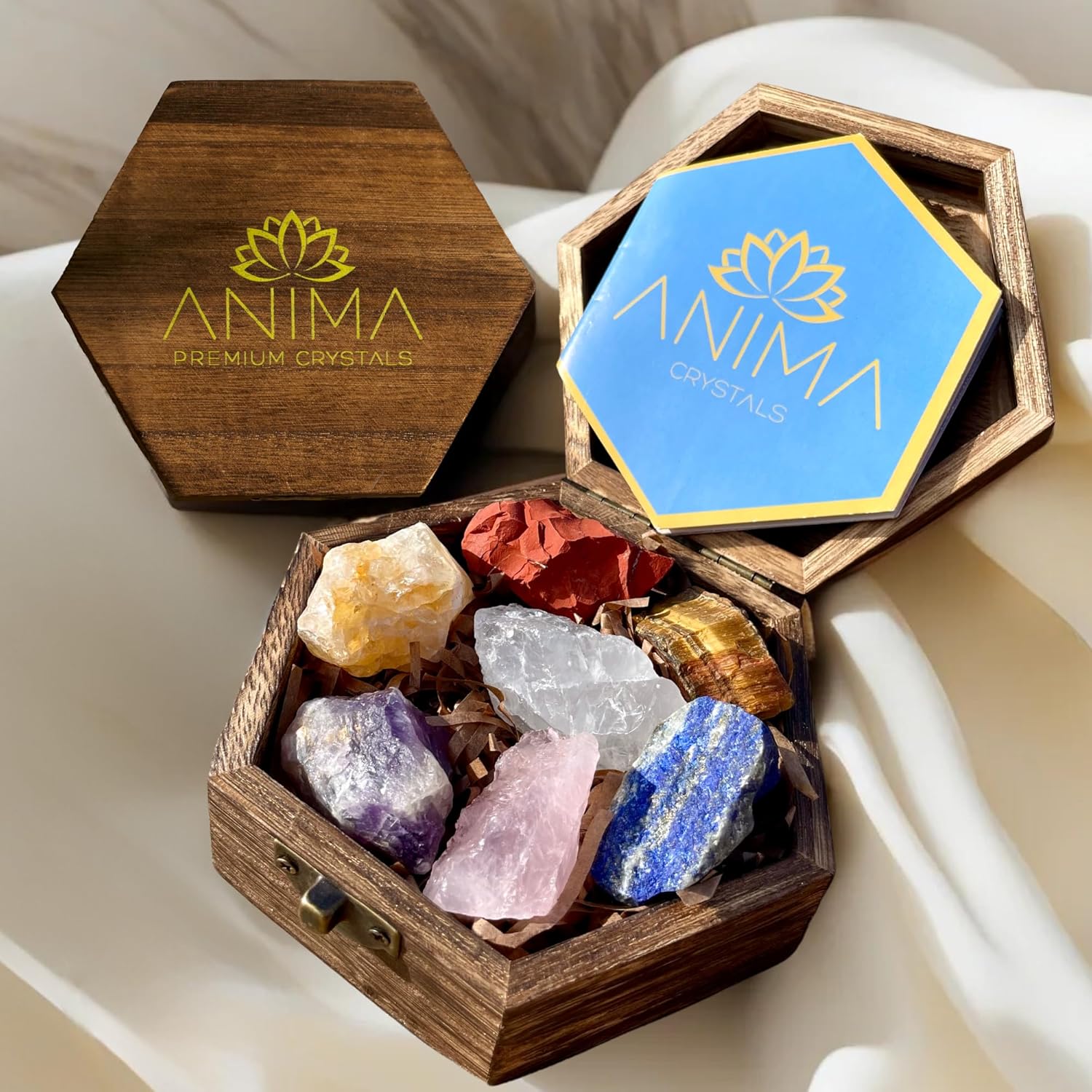 Anima Premium Healing Crystals Gift – Large Raw 7 Chakra Set with Rose Quartz and Amethyst Crystal and Gemstones in Wooden Box – Spiritual Gifts for Women for Meditation, Protection with Guide Booklet-0