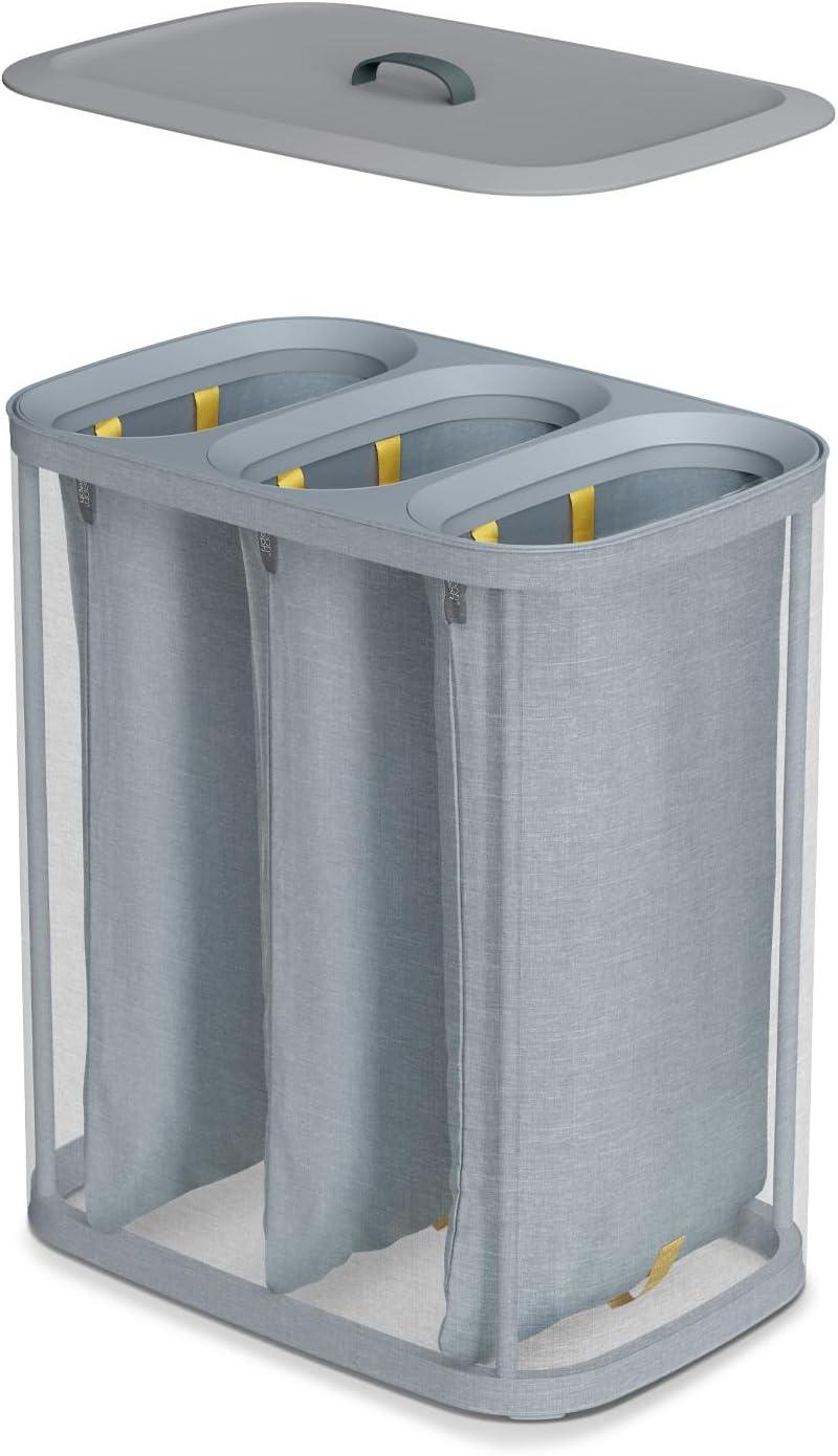 Joseph Joseph Tota Trio 90-litre Laundry Separation Basket with lid, 3 Removable Washing Bags with Handles - Grey-2