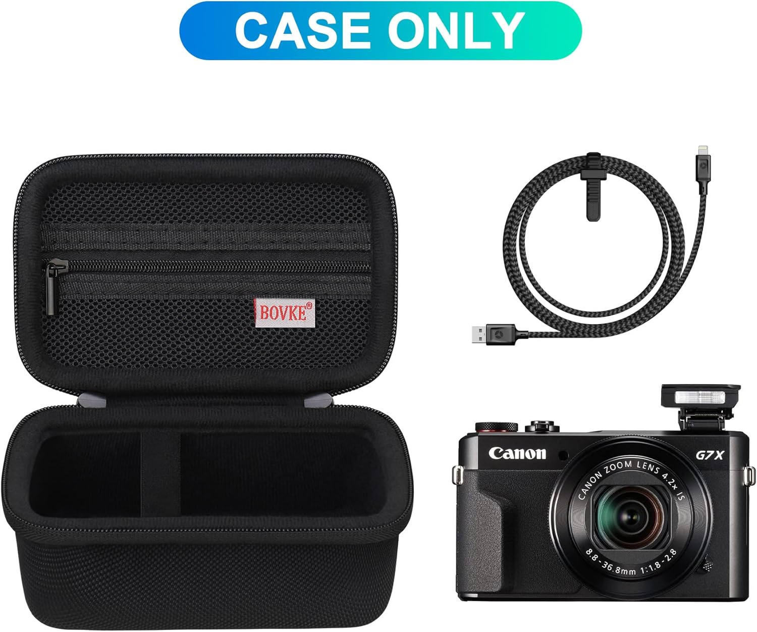 BOVKE Camera Case for Canon PowerShot G7X Mark III / G7 X Mark II Digital 4K Vlogging Camera, Canon Live Streaming Video Camera Travel Case with Mesh Pocket for USB Cables and Extra Batteries, Black-2