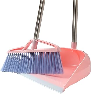 broom dustpan set windproof vertical long handle broom kit dustpan combination home cleaning sweeping (pink)