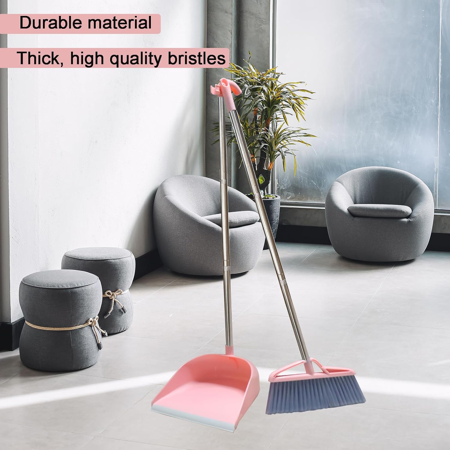 broom dustpan set windproof vertical long handle broom kit dustpan combination home cleaning sweeping (pink)-4