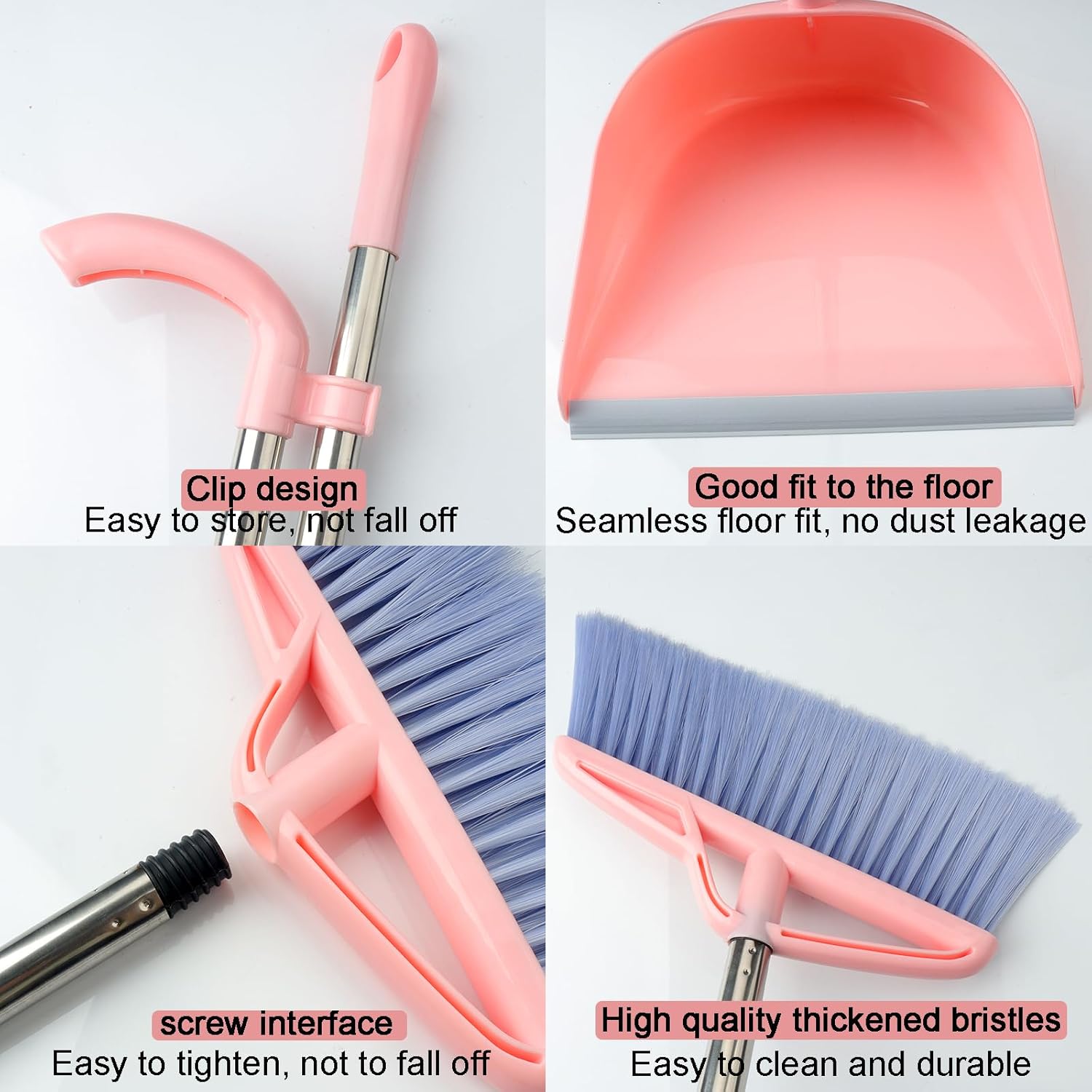 broom dustpan set windproof vertical long handle broom kit dustpan combination home cleaning sweeping (pink)-6