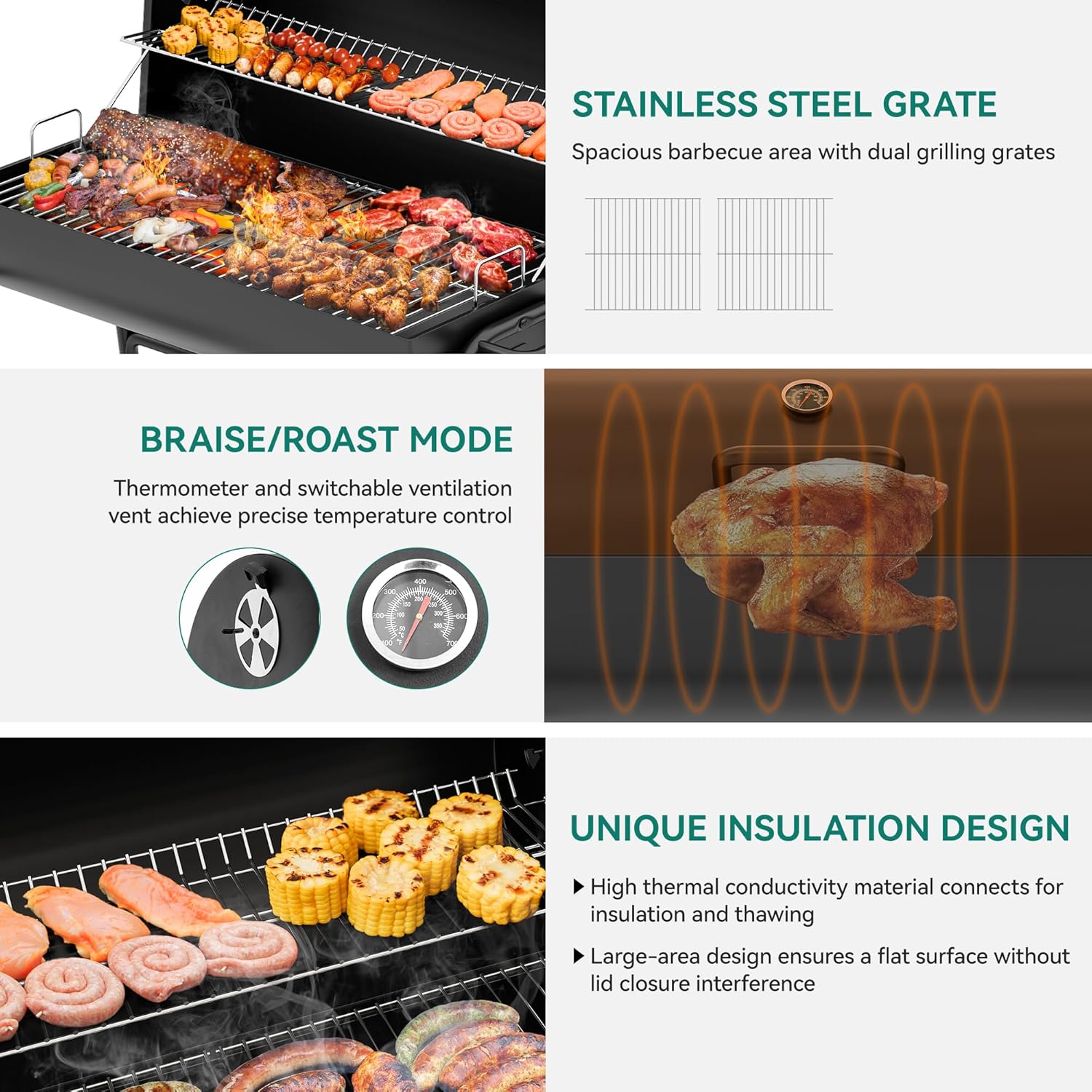 YITAHOME M Charcoal Smoker BBQ, Portable Barbecue Grill with Height Adjustable Charcoal Tray & Temperature Gauge for Party, Camping, Patio, Garden, Comes with Kitchen Tong-2