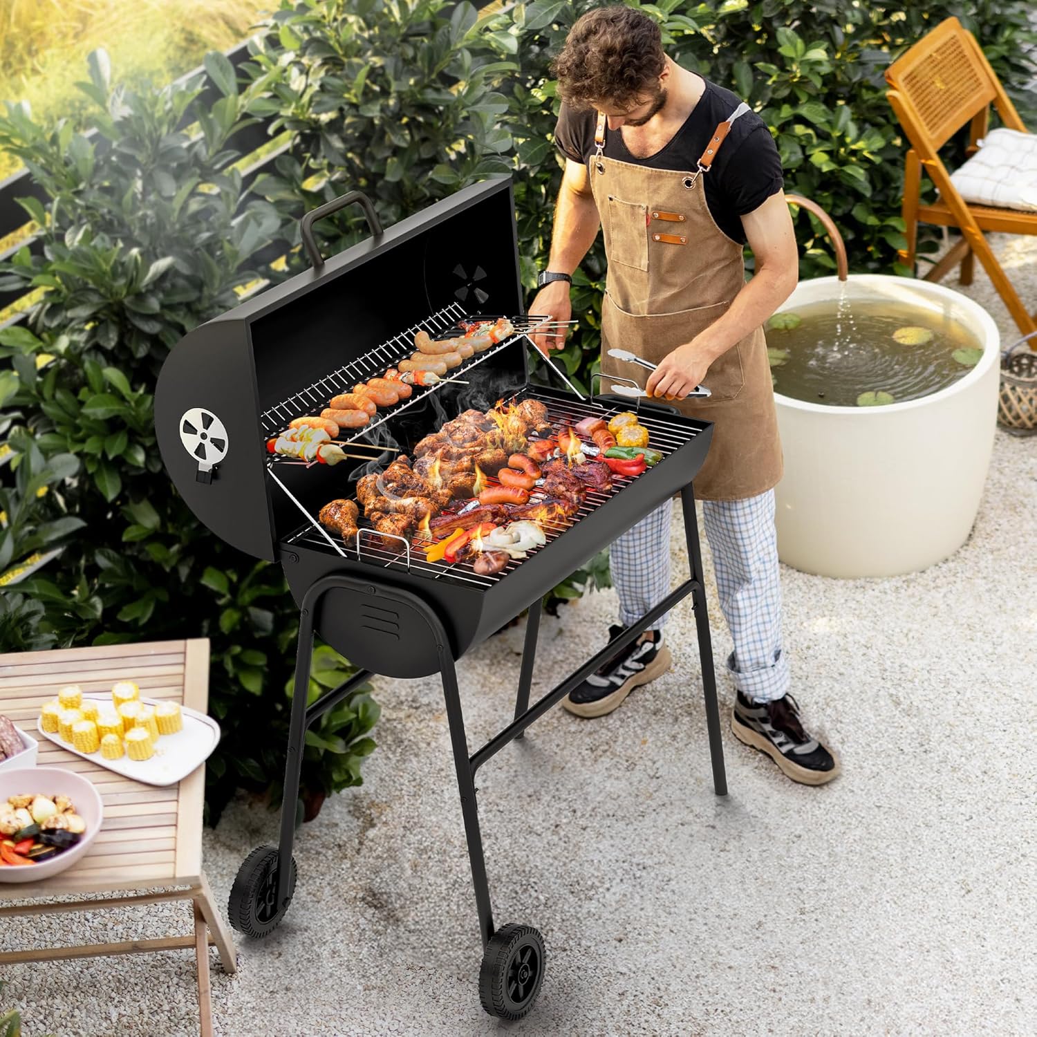 YITAHOME M Charcoal Smoker BBQ, Portable Barbecue Grill with Height Adjustable Charcoal Tray & Temperature Gauge for Party, Camping, Patio, Garden, Comes with Kitchen Tong-3