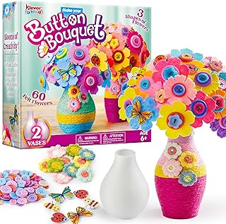 Klever Kits Button Flower Craft Kit for Kids with 2 Vases - Make Your Own Flower Bouquet with Button and Felt - DIY Flower Kits Art and Crafts Gift for Boys Girls Birthday Gift