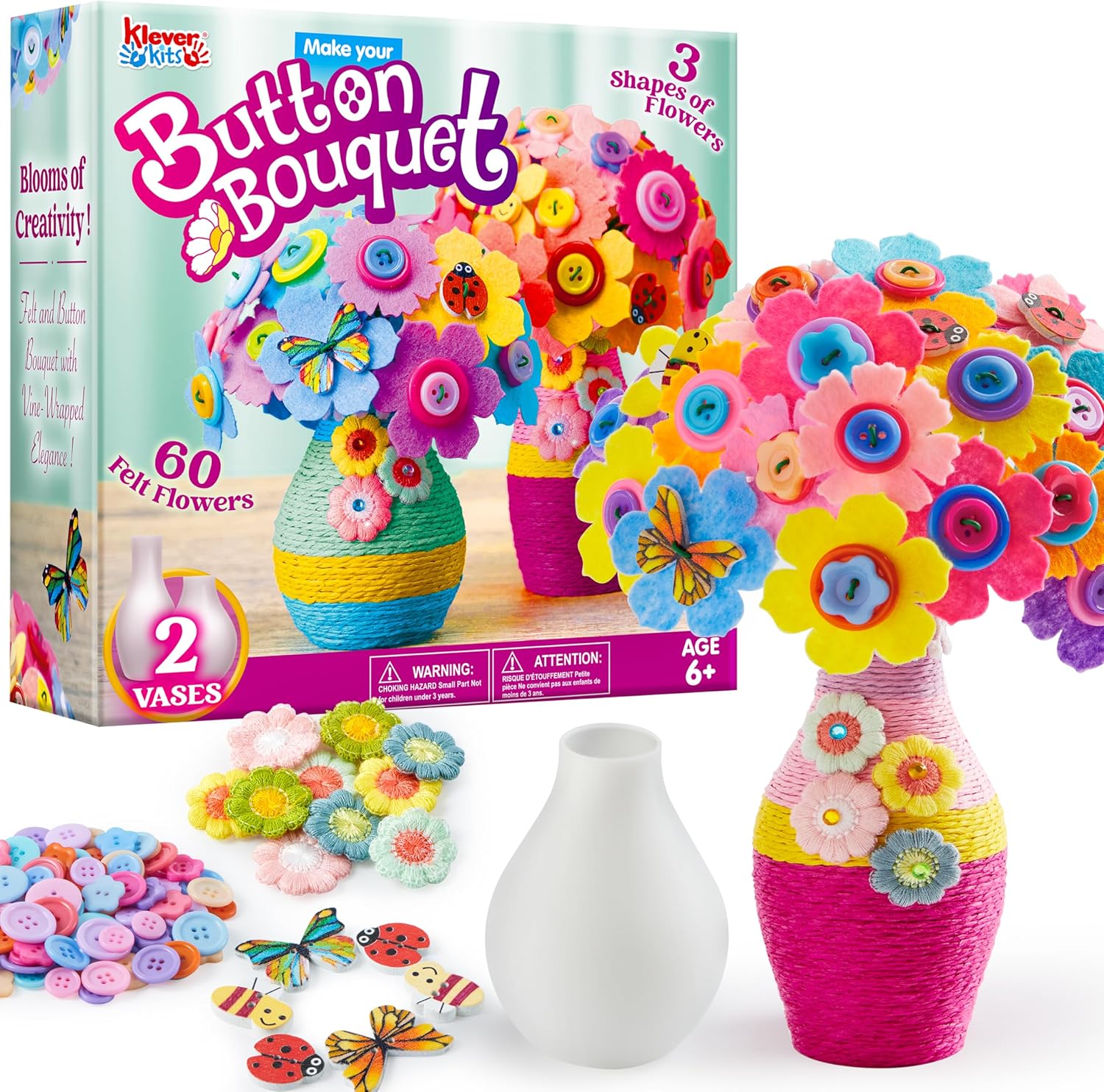 Klever Kits Button Flower Craft Kit for Kids with 2 Vases - Make Your Own Flower Bouquet with Button and Felt - DIY Flower Kits Art and Crafts Gift for Boys Girls Birthday Gift-0