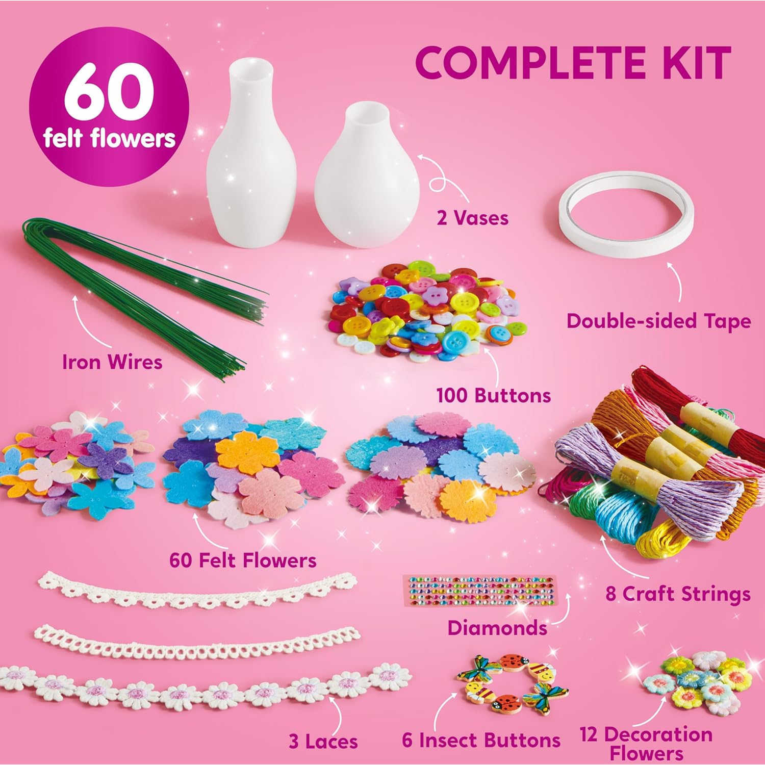 Klever Kits Button Flower Craft Kit for Kids with 2 Vases - Make Your Own Flower Bouquet with Button and Felt - DIY Flower Kits Art and Crafts Gift for Boys Girls Birthday Gift-2