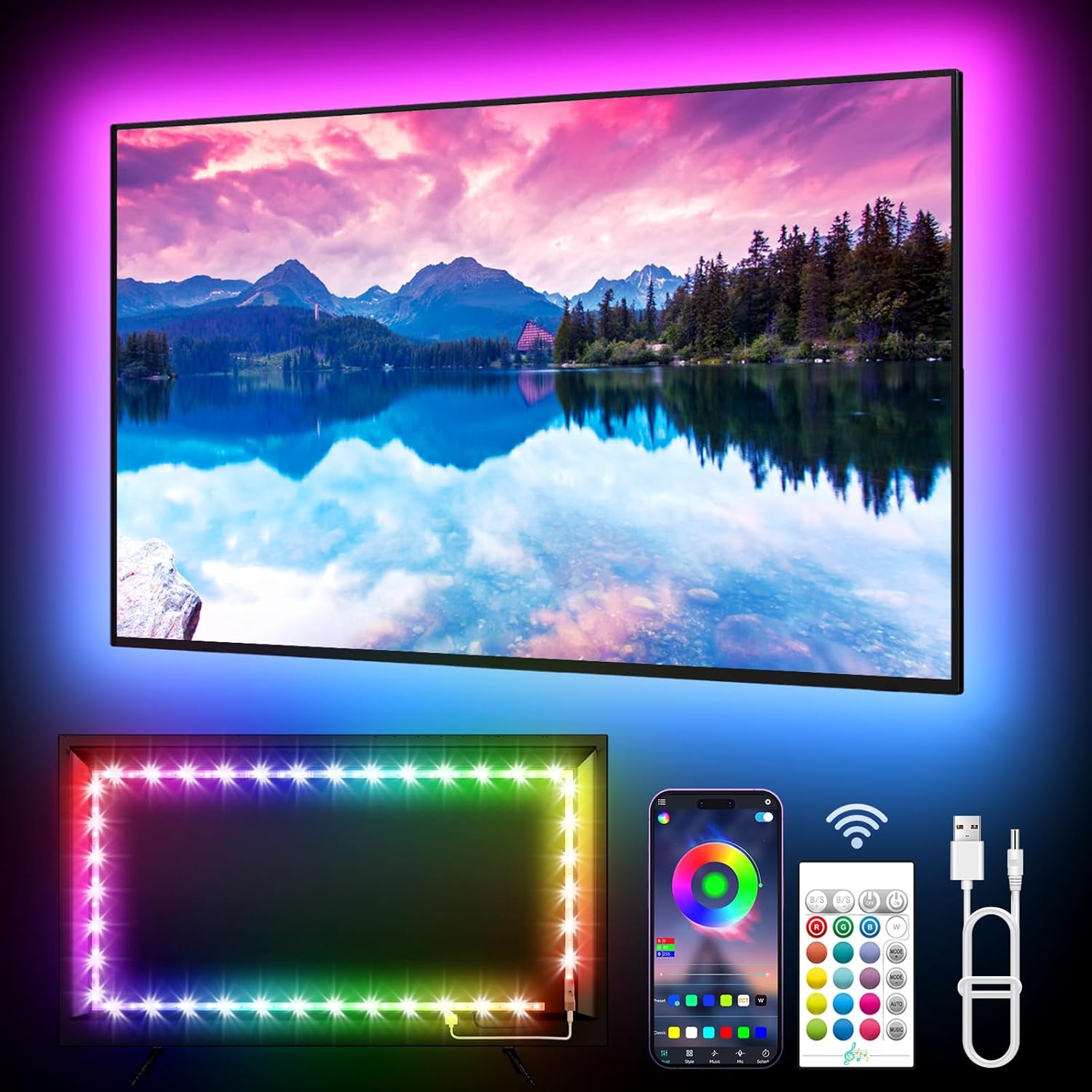 KANTUTOE TV LED Lights, 3m LED Lights for 32-45 Inch TV, RGB LED TV Backlights with Remote, Music Sync Bluetooth APP Control TV LED Strip Lights USB Powered for Bedroom-0