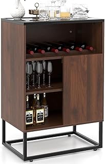 TANGZON Wine Cabinet, Drinks Storage Sideboard with Wine Rack, Adjustable Shelf, Sliding Door & Anti-Tipping Device, Freestanding Liquor Bar Cabinet for Home Bar Kitchen Cellar, Brown