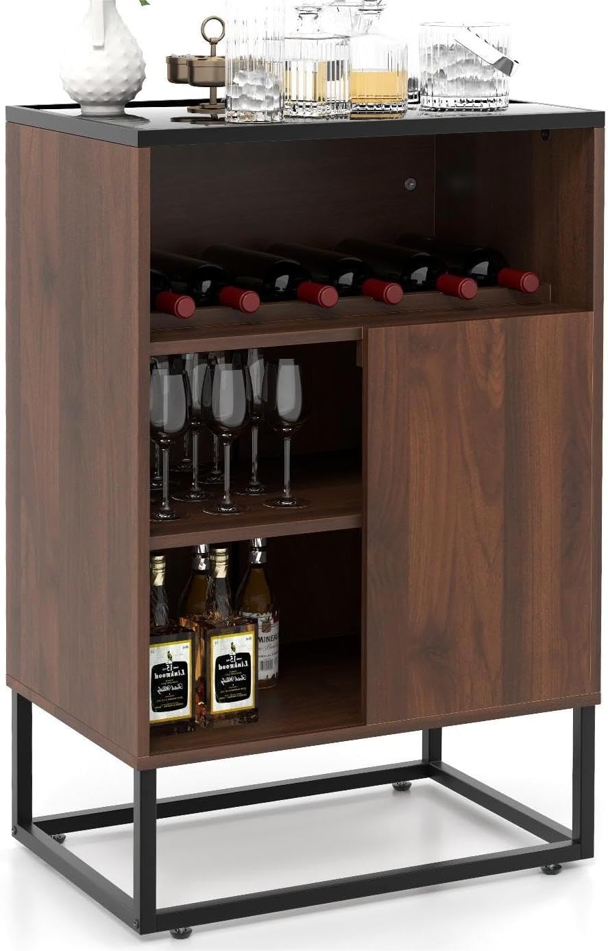 TANGZON Wine Cabinet, Drinks Storage Sideboard with Wine Rack, Adjustable Shelf, Sliding Door & Anti-Tipping Device, Freestanding Liquor Bar Cabinet for Home Bar Kitchen Cellar, Brown-0