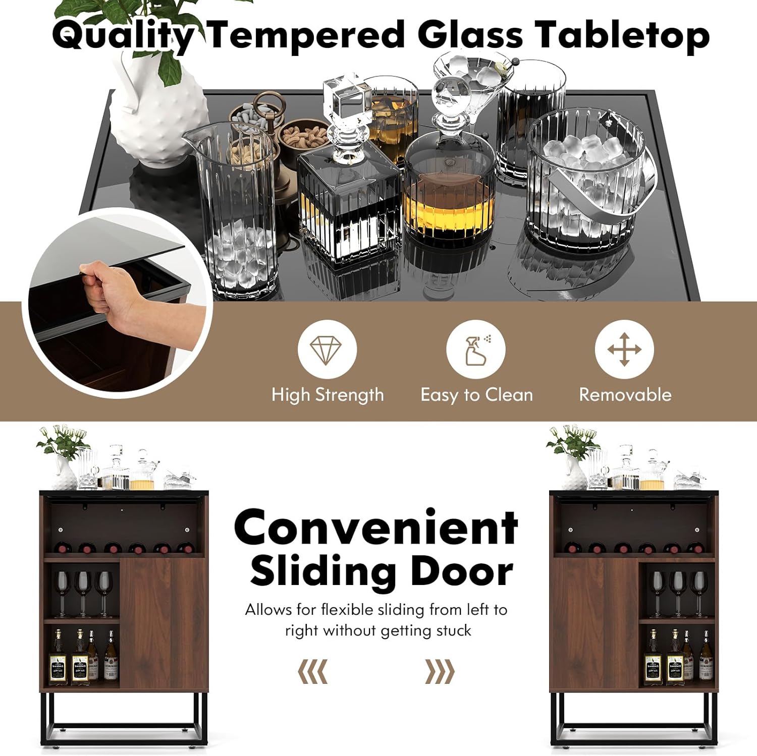 TANGZON Wine Cabinet, Drinks Storage Sideboard with Wine Rack, Adjustable Shelf, Sliding Door & Anti-Tipping Device, Freestanding Liquor Bar Cabinet for Home Bar Kitchen Cellar, Brown-4