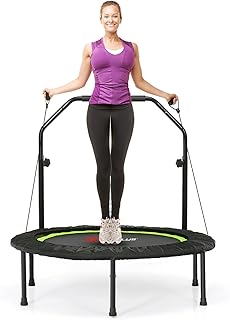 GYMAX 40" Mini Fitness Trampoline, Foldable Exercise Rebounder with 2 Resistance Bands and 4-level Adjustable Foam Handrail, Indoor/Outdoor Gym Trampolines for Kids Adults