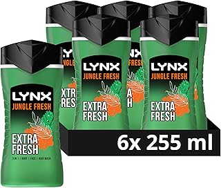 Lynx Jungle Fresh 3-in-1 Body Wash Hair, Face and Body Cleanser shower gel with a palm leaf & amber scent for men 6x 225 ml