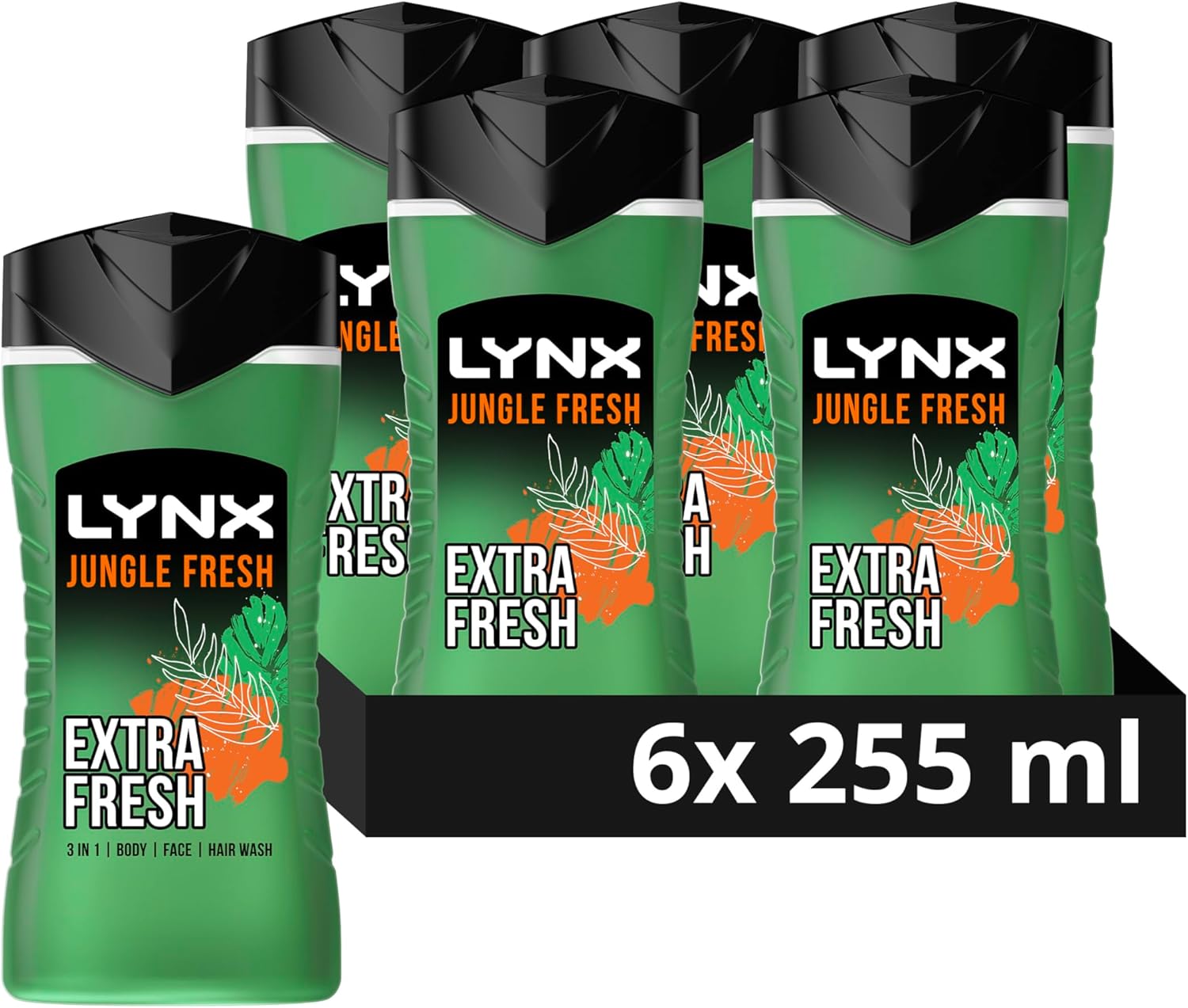 Lynx Jungle Fresh 3-in-1 Body Wash Hair, Face and Body Cleanser shower gel with a palm leaf & amber scent for men 6x 225 ml-0