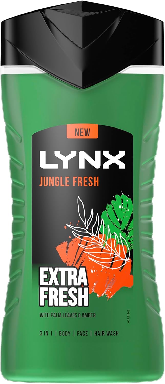 Lynx Jungle Fresh 3-in-1 Body Wash Hair, Face and Body Cleanser shower gel with a palm leaf & amber scent for men 6x 225 ml-1